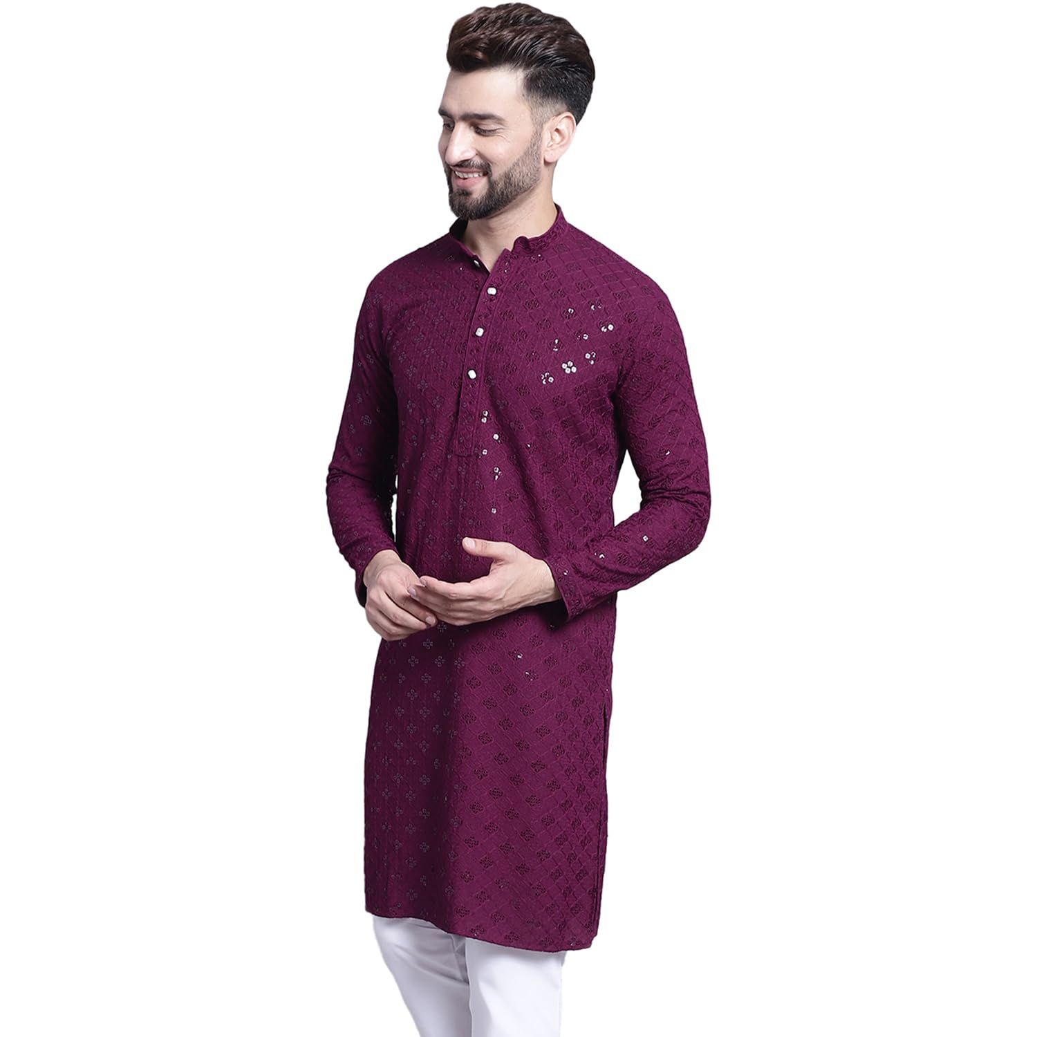 Sojanya (Since 1958 Men's Pure Cotton Purple Embroidered 4Booti Sequence Kurta
