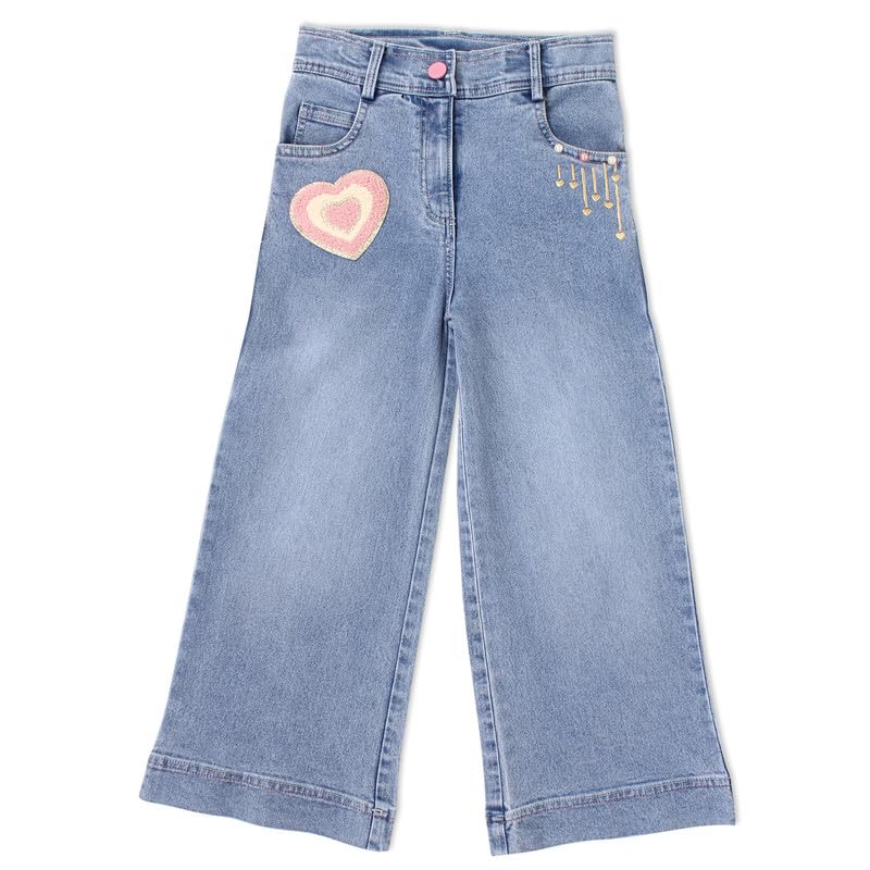Image of Cutecumber Girls Cotton Rich Denim Wide-Leg Jeans - Side Panel Printed with Floral Ribbon Accessory, Stylish Casual Outfit for Baby Girls & Kids (Age 1-15 Years)