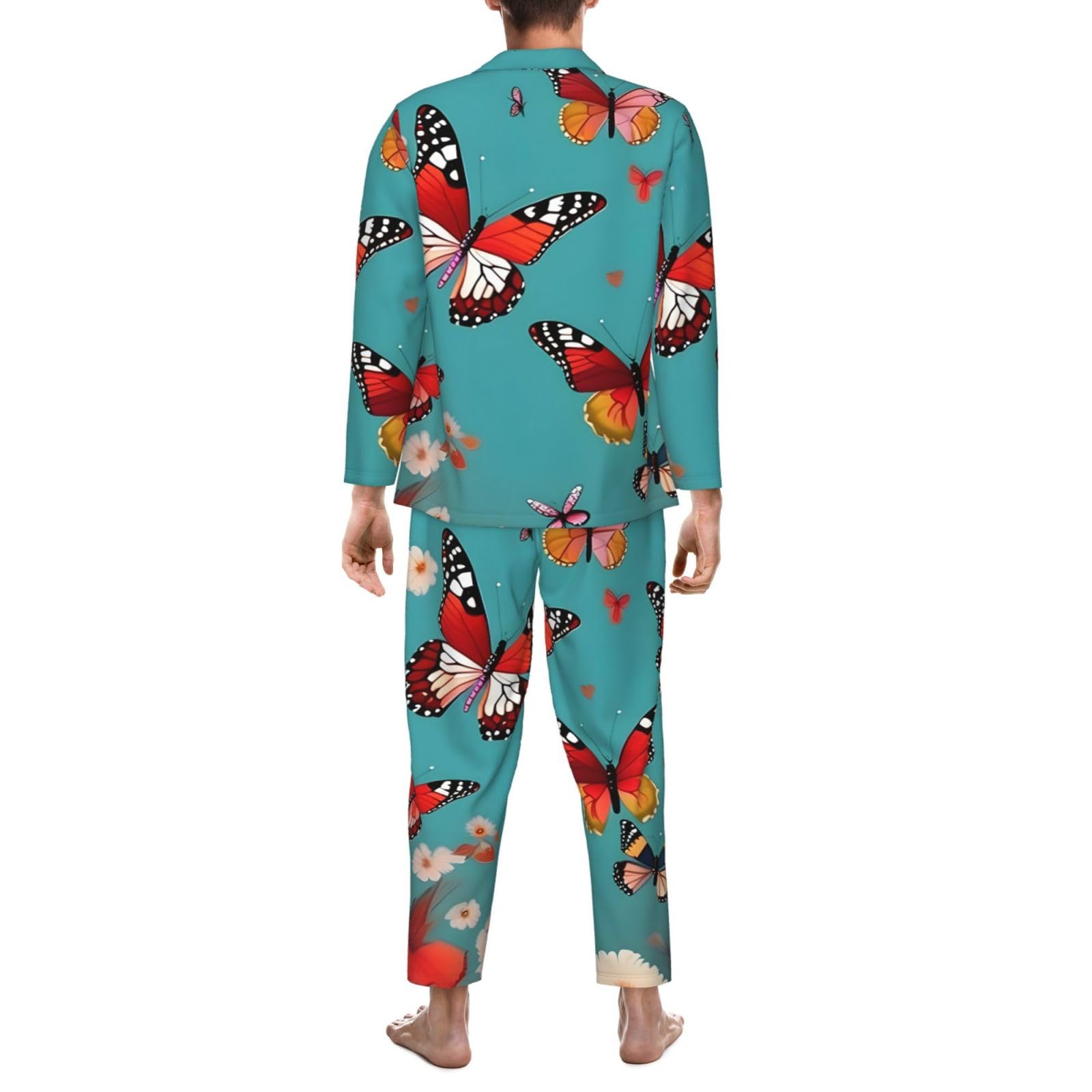Hen Flying Butterflies Among Flowers Print Herren-Pyjama-Set, langärmelig, zweiteilig, Hauskleidung, bequeme Nachtwäsche