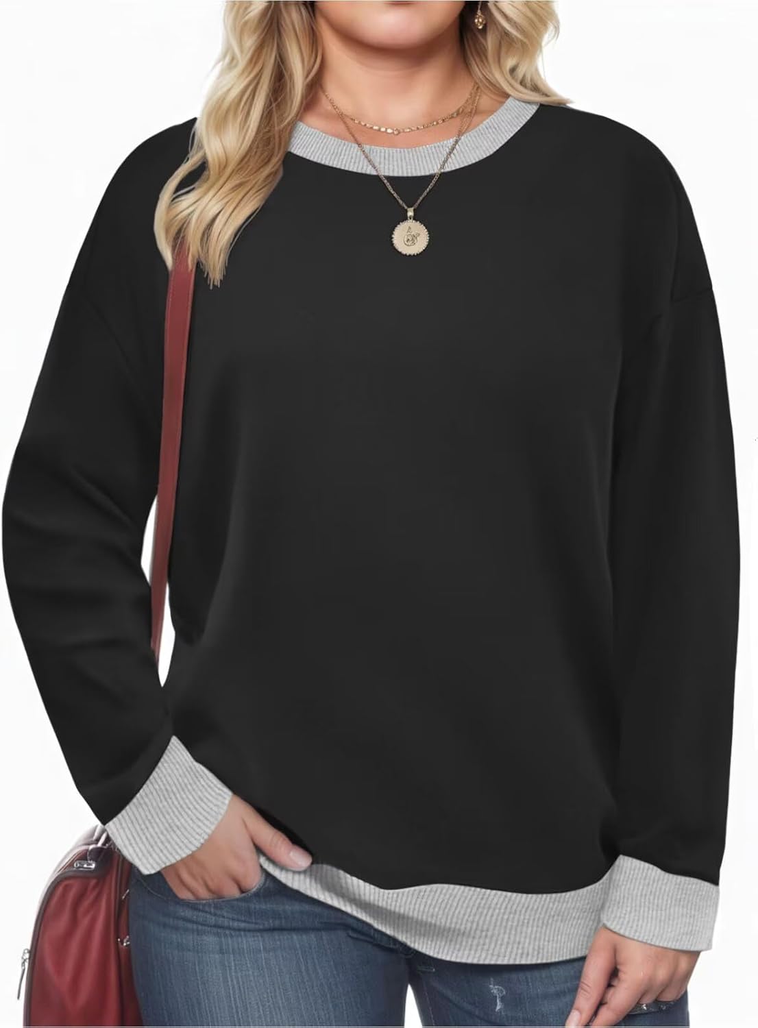 VISLILY Womens-Plus-Size-Sweatshirts Casual Crewneck Long Sleeve Tops Loose Fit Pullover Color Block Ribbed Trim Tunics 1X-5X - Image 4