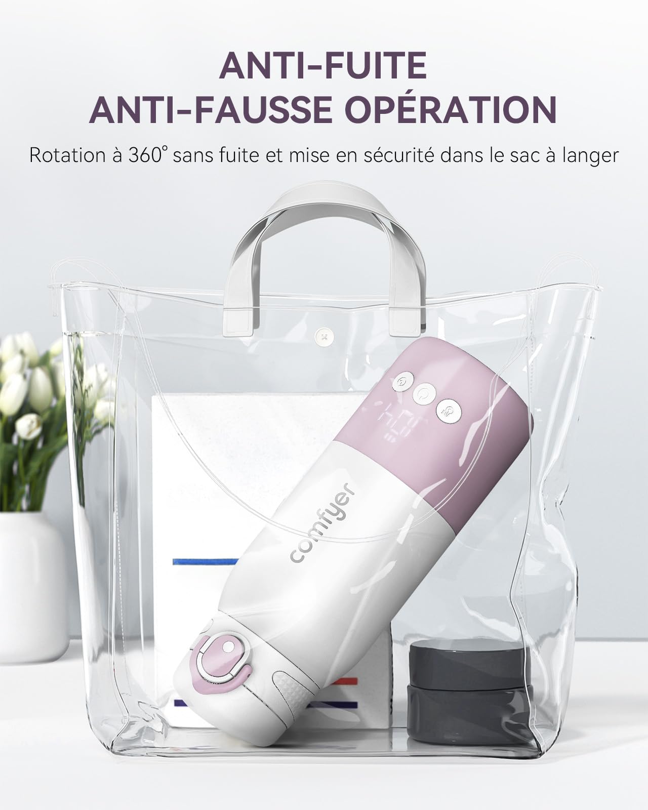 Comfyer BW01 Chauffe Biberon Nomade Portable sans Fil, Chauffage Rapide en 2 Mins pour Lait/Eau, Longue Autonomie 12000 mAh, Température Réglable, Capacité 340 ml, Idéal pour Voyage, Voiture & Avion