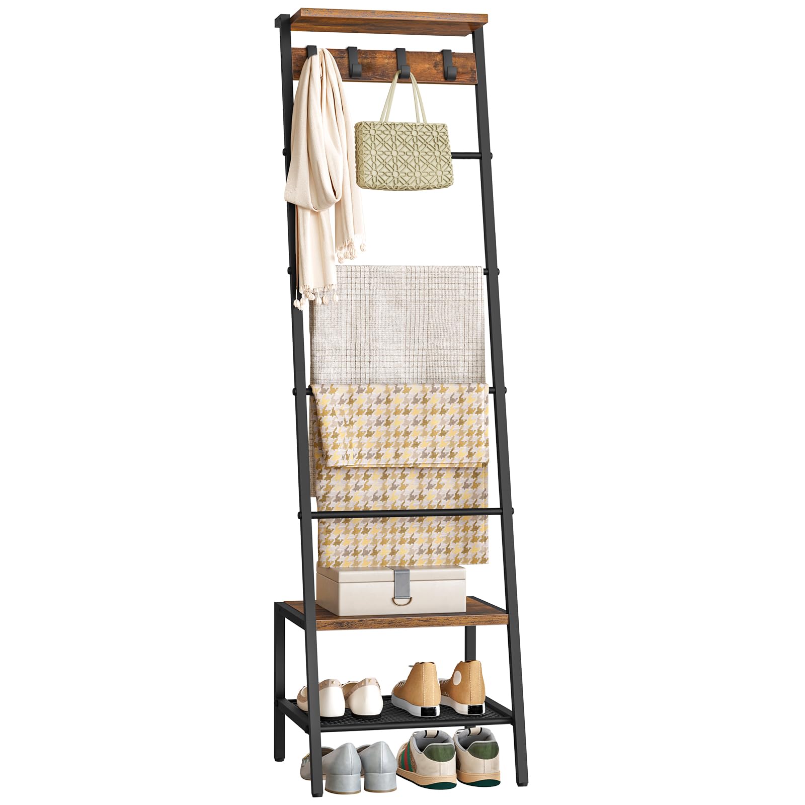 HOOBRO Toallero Escalera, Estantería para Mantas de * Niveles, para Salón y Dormitorio, con Ganchos, Marco de Metal, Forma de Jirafa, Estilo Industrial, Marrón Rústico y Negro EBF13CJ01