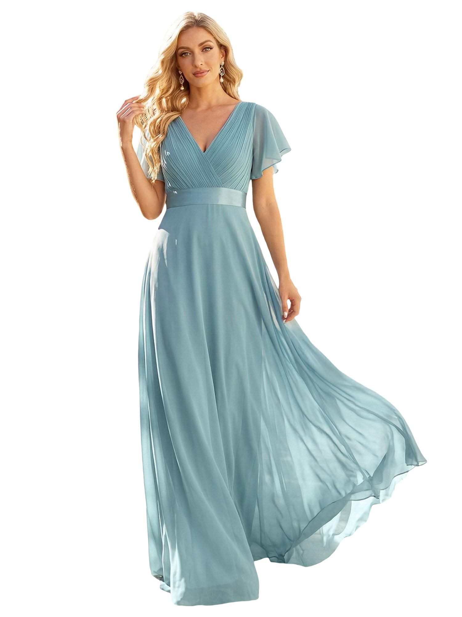 Ever-Pretty A-línea Vestido de Fiesta Cuello en V Manga Corta Gasa Corte Imperio para Mujer Azul Polvoriento 42