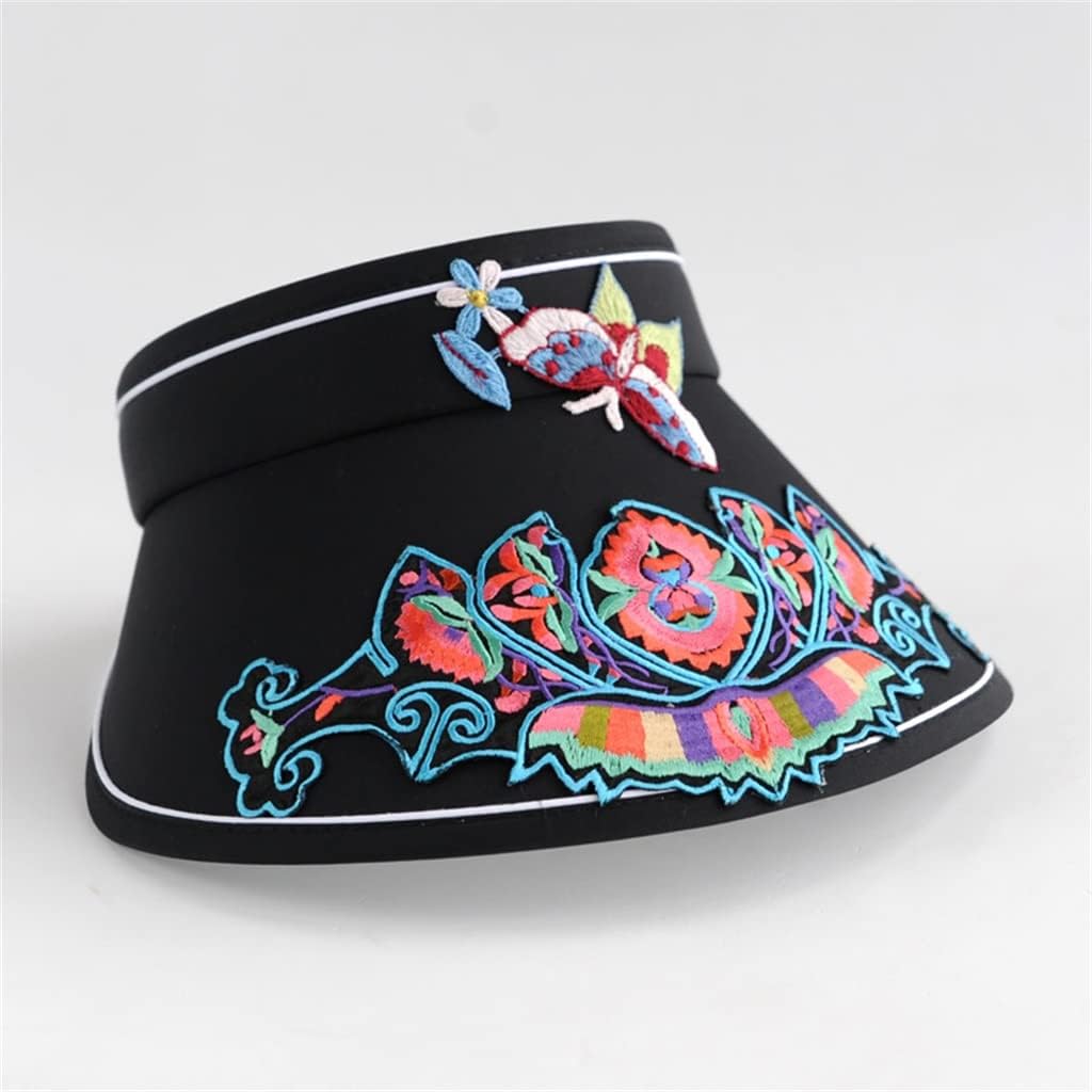 Ethnic Embroidery Flower Empty Top Sunshade Outdoor Sun Hat Riding Cap to Cover The Face