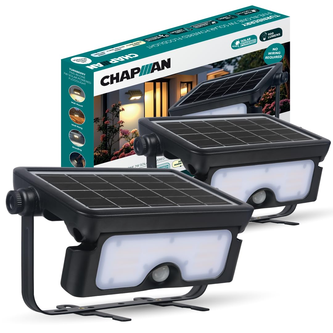 Chapman Turnberry 7W PIR LED Solar Floodlight Outdoor, 900lm IP65 Waterproof Solar Lights with Motion Sensor, 3CCT 3000K/4000K/6000K, 5-in-1 Mount, No Wiring, Outdoor Security Flood Lights (2 Pack)