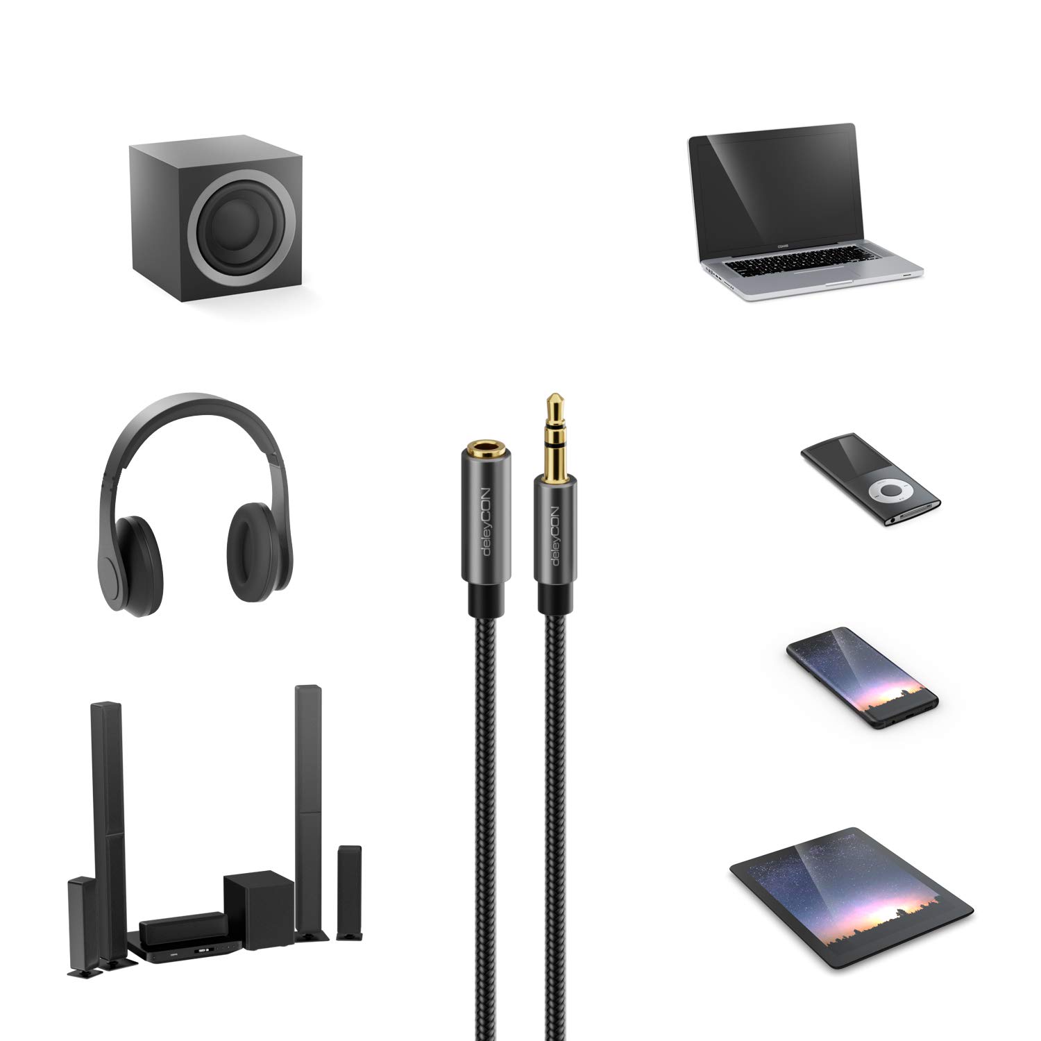 deleyCON 2m kabel aux przedłużacz 3,5mm - kabel audio jack przedłużacz stereo - kabel bawełniany i metalowa wtyczka - telefon komórkowy smartfon tablet słuchawki odbiornik HiFi samochód