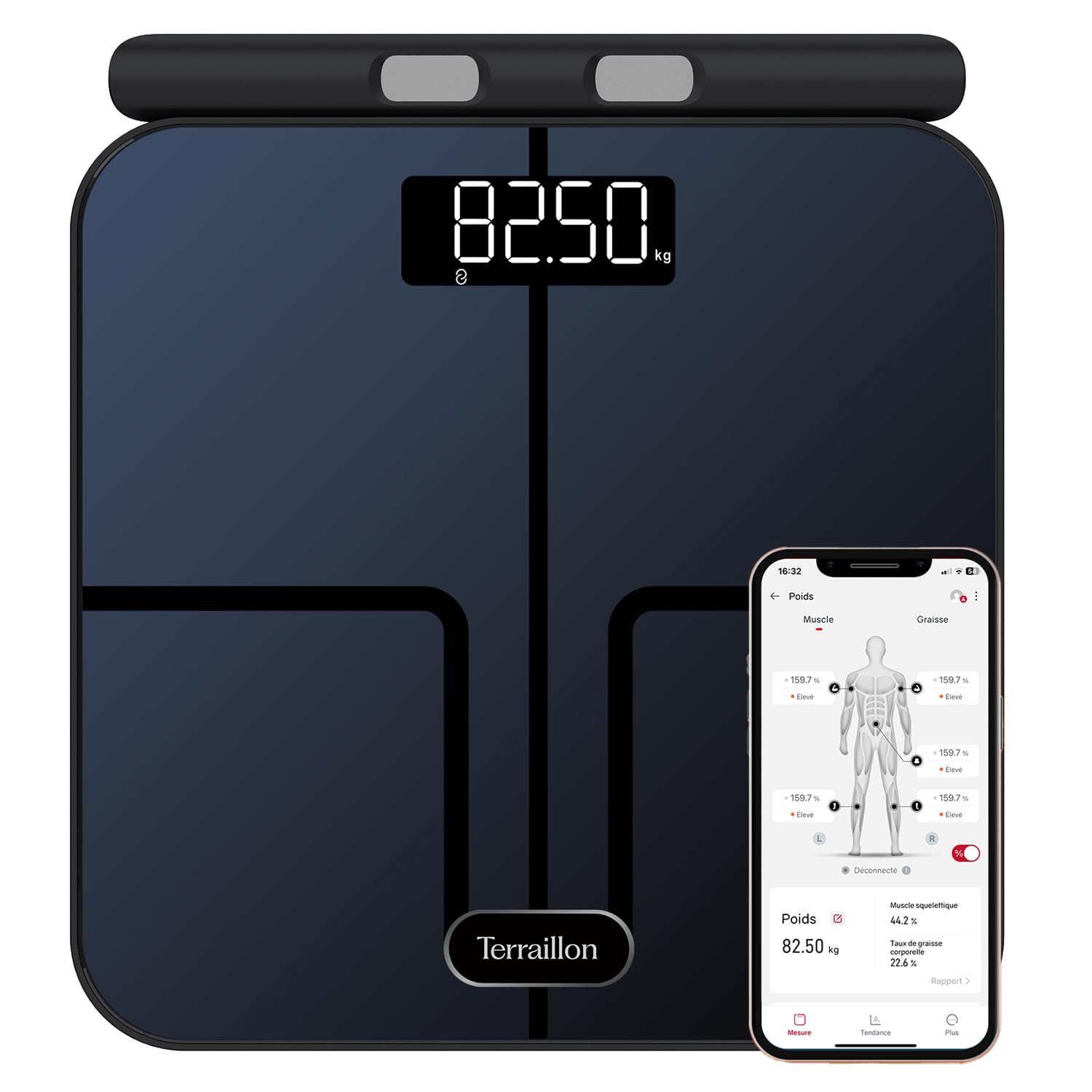 TERRAILLON - MASTER COACH EXPERT- Balance connectée Wi-Fi, 8 Electrodes invisibles, Analyse des masses graisseuse, musculaire, hydrique, osseuse et viscérale, IMC, Capacité 180 kg, Plateau verre, Bleu