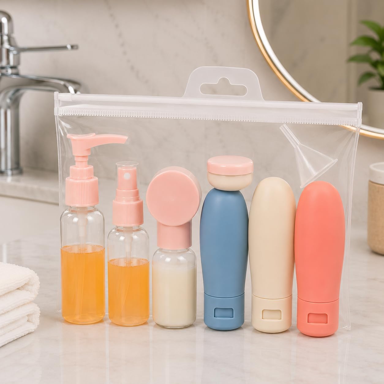 Imagem frontal de produtos sobre superfície de mármore clara em ambiente de banheiro.