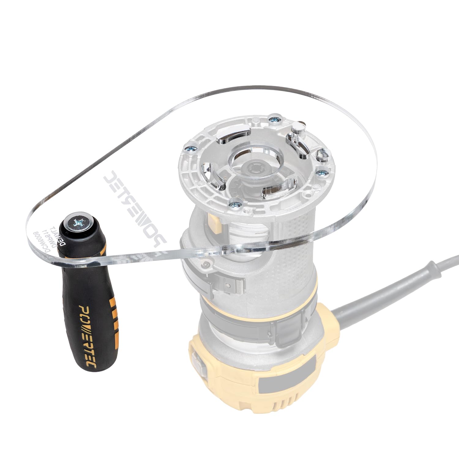 POWERTEC Offset Router Base Plate 6" x 9" Clear Acrylic Sub Base with Single Grip Handle for DEWALT Compact Router DWP611 & DCW600B, Improves Balance & Control for Edge Routing & Trimming (72313)