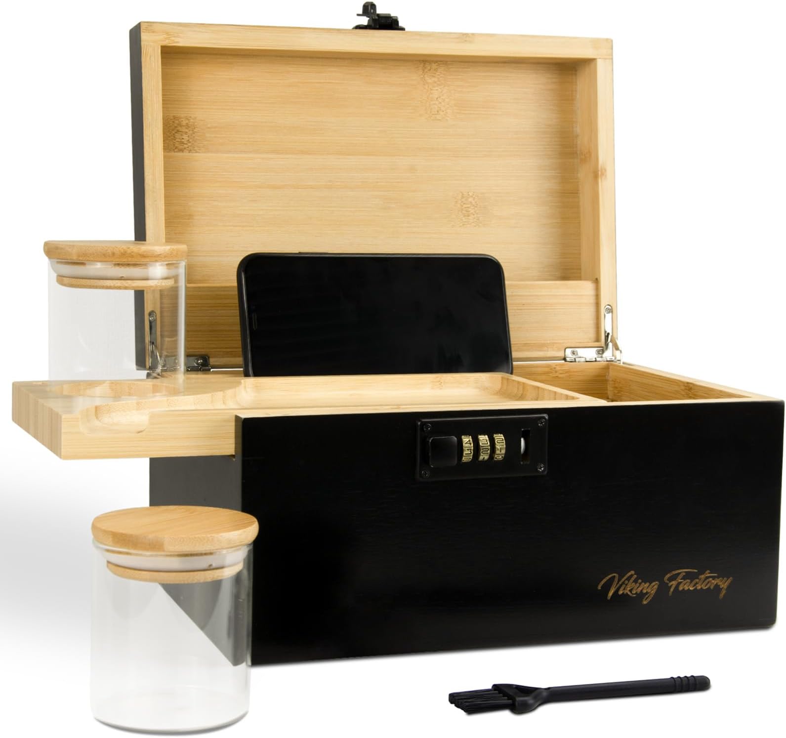 Bamboo Storage Box with Lock & Removable Desktop Tray - Large Decorative Wooden Keepsake Chest for Office & Home - Premium Stationery & Accessory Organizer - Black