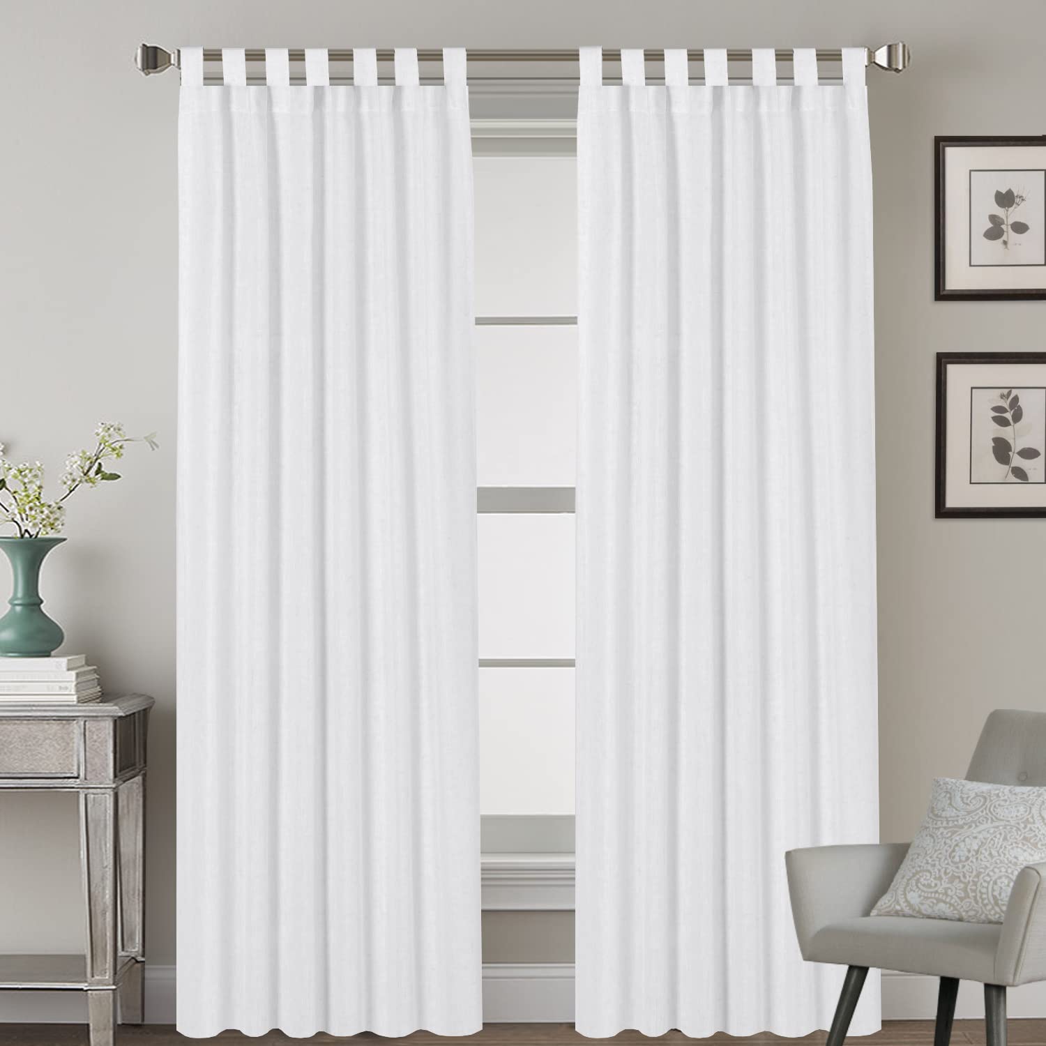 Natural Linen Curtains Linen Textured Living Room Curtain Light Filtering Tab Top Window Treatments Panels Highly Durable Curtain Panels for Bedroom (2 Panels, 52" x 96",Pure White)