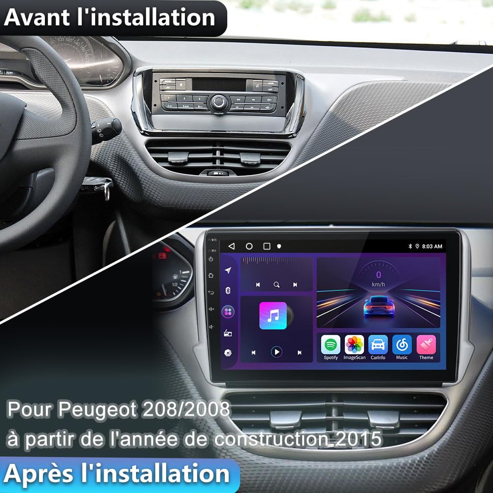 AWESAFE Autoradio Carplay pour Peugeot 208/2008 (2012-2018) | Écran Tactile 10 Pouces | CarPlay & Android Auto | GPS WiFi Bluetooth | FM RDS | SWC | Aide au Stationnement | 2Go+32Go