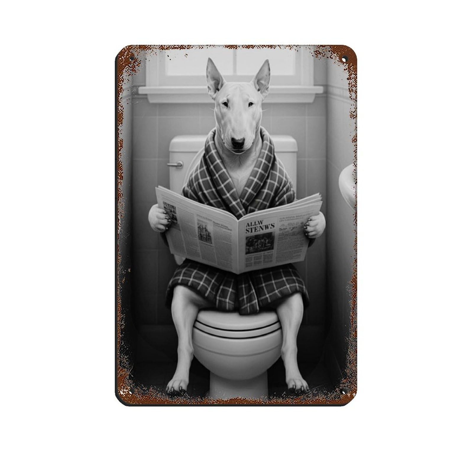 Bull Terrier on Toilet Reading Newspaper Retro Poster Metal Tin Sign Chic Art Retro Iron Painting Bar People Cave Cafe Family Garage Poster Wall Decoration 8x12inch(20x30cm)