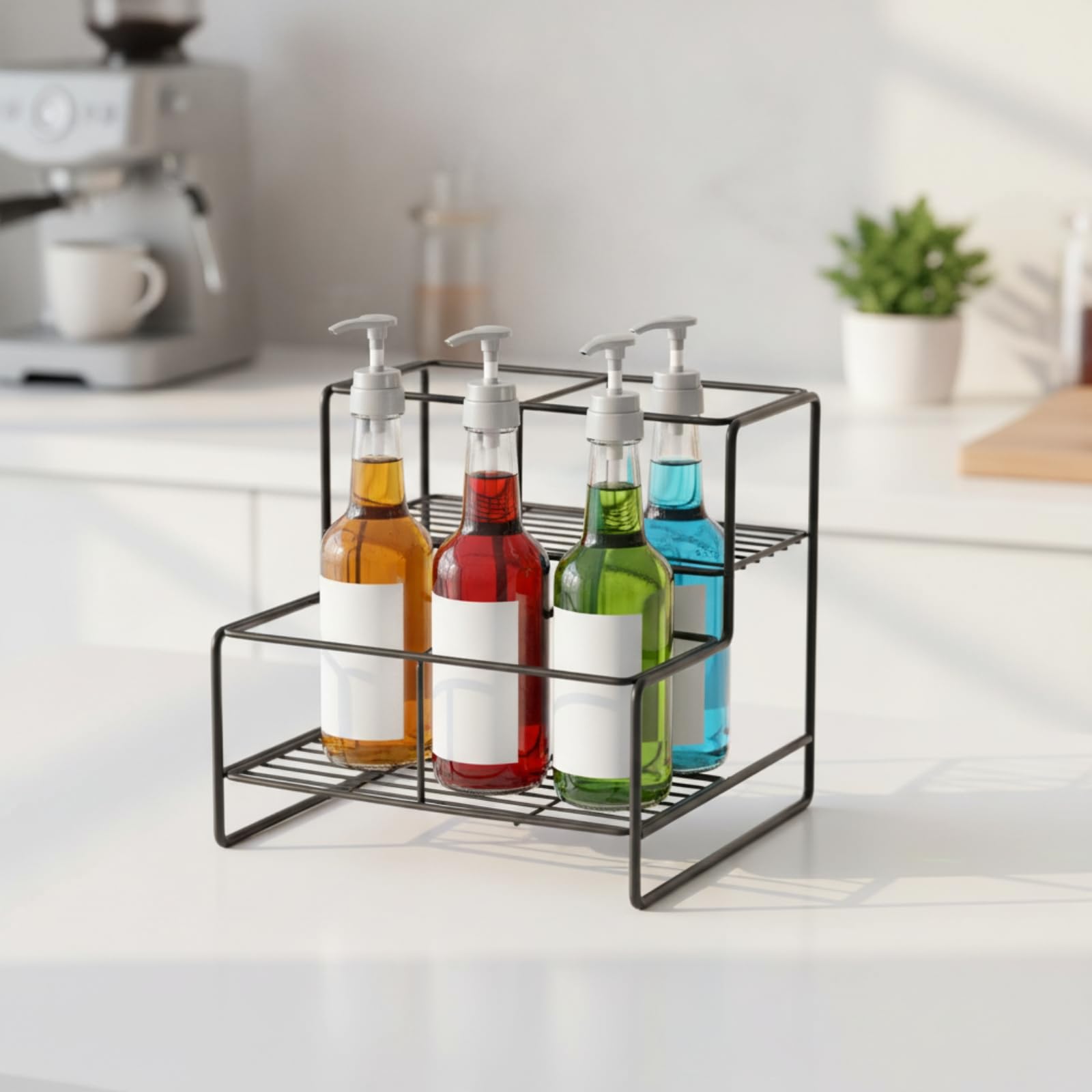 Amagogo Estante Exhibidor Botellas Jarabe con Diseño Escalera Doble para Mostrador Cocina con Acabado Pintura Horneada en Hierro Negro Acuado para Almacenar, Style to 2
