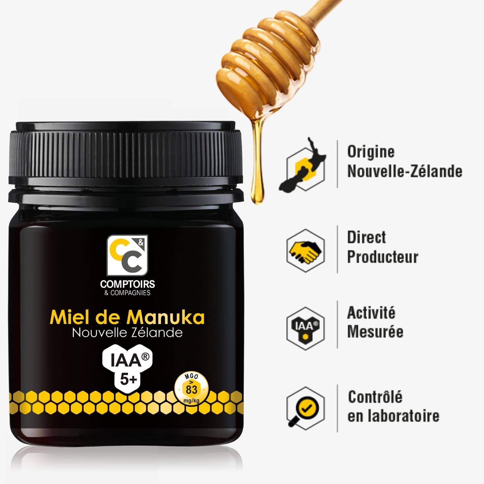 COMPTOIRS ET COMPAGNIES - Miel de Manuka Actif - IAA5+ (MGO83+) - Origine Nouvelle Zélande - 250g