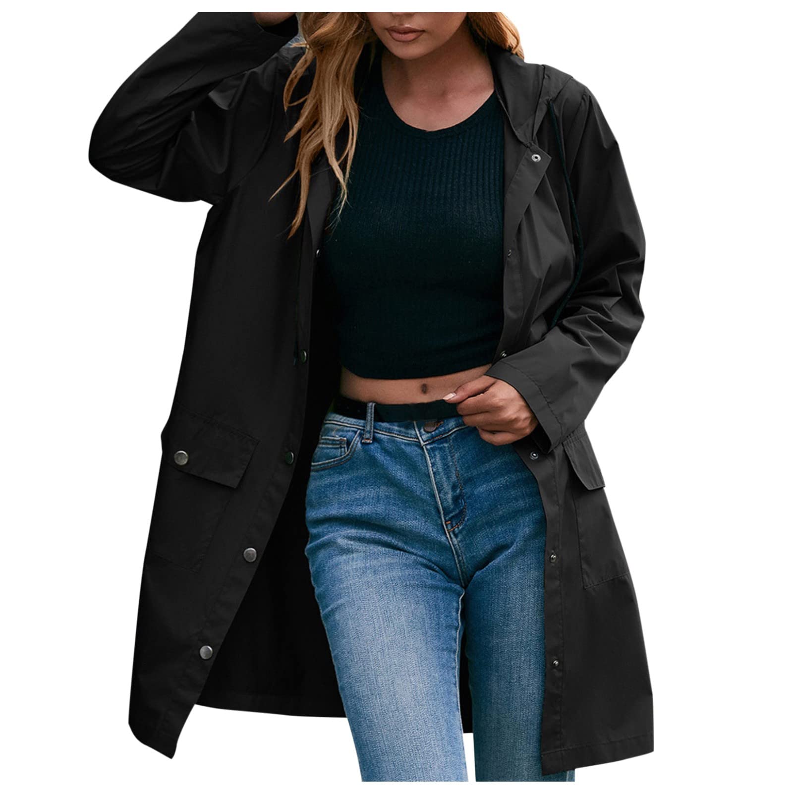 Genérico Poncho Impermeable Mujer - Chubasquero largo femenino impermeable ligero con capucha ajustable elástica y cordón en cintura incluye bolsillos laterales para mujer