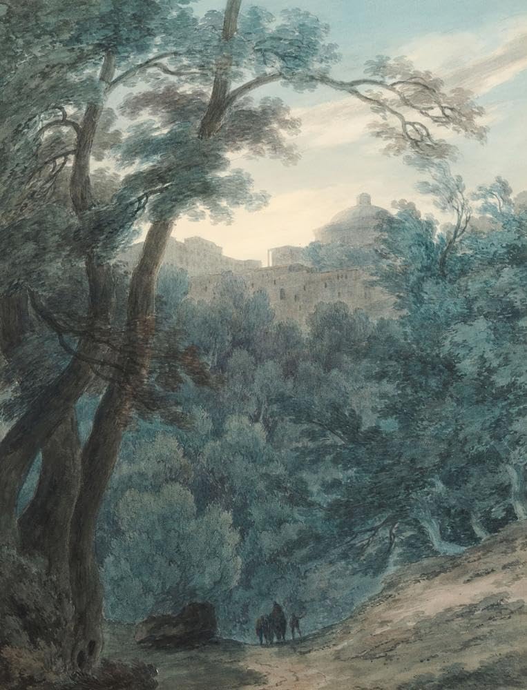 John Robert Cozens 19x24 Black Modern Framed Art Print Titled: Ariccia (Wooded Landscape and Monastery) (1783)