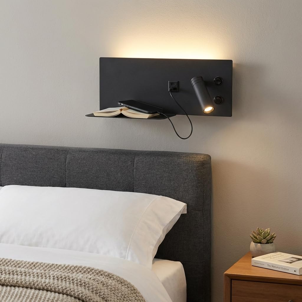 Alpinaluz Applique da Parete Moderno Nero Opaco con Faretto Destro, Luce Calda 2700K, Porta di Ricarica USB-C e USB-A, Luce Ambientale con Diffusore in Acrilico, Supporto per Cellulare e Due