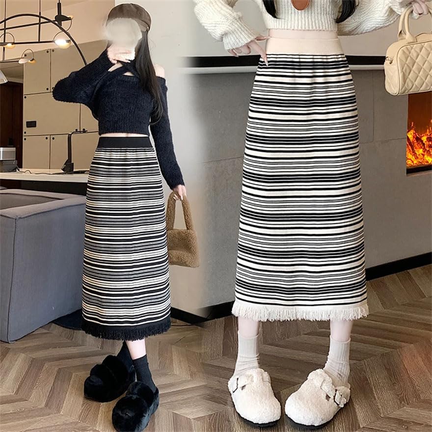 Women Vintage Striped Tassel High Waist Party Long Skirt Fall Winter Straight Wrap Hip Knit Skirts3