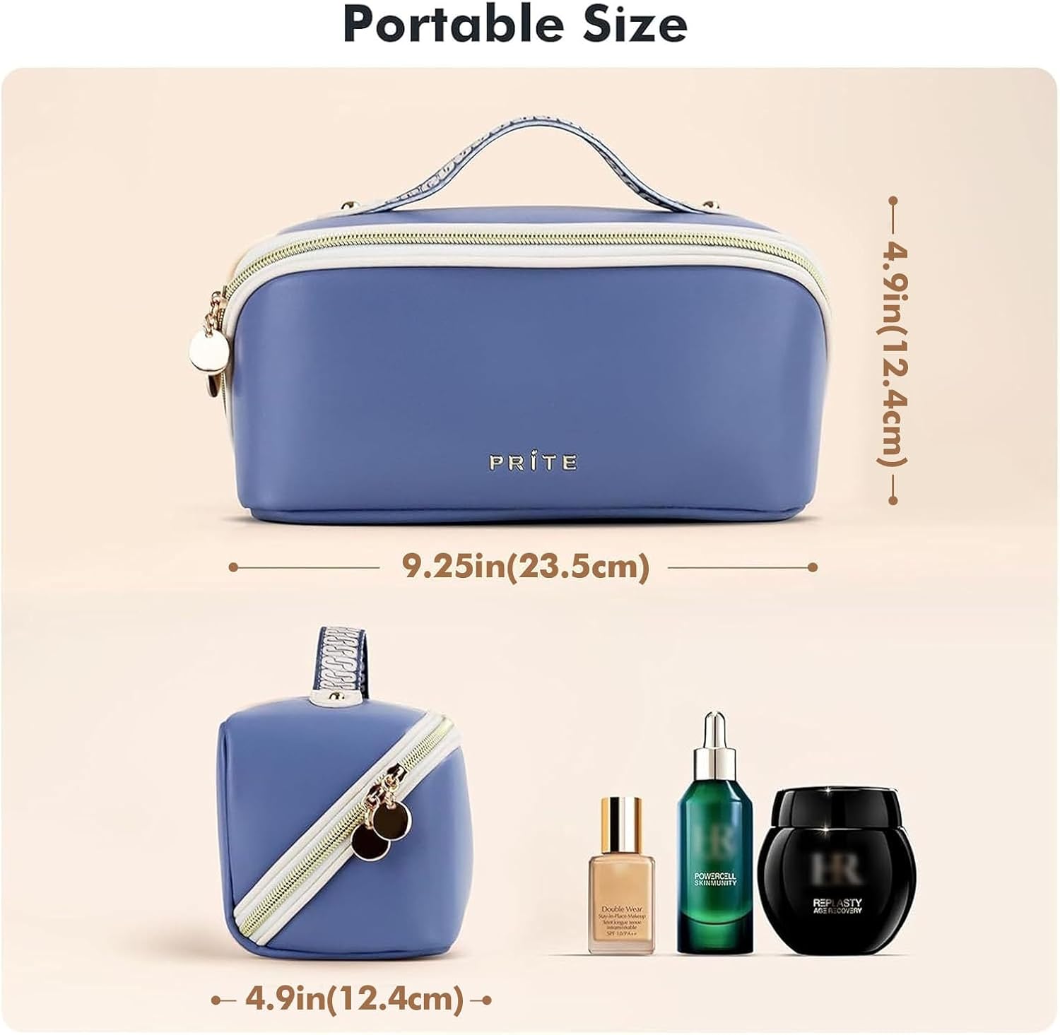 Prite Makeup Bag for Women Travel Waterproof Vegan Leather Cosmetic Bag Open Flat Toiletry Bag With Clear Divider and Handle (Blue) - Image 2