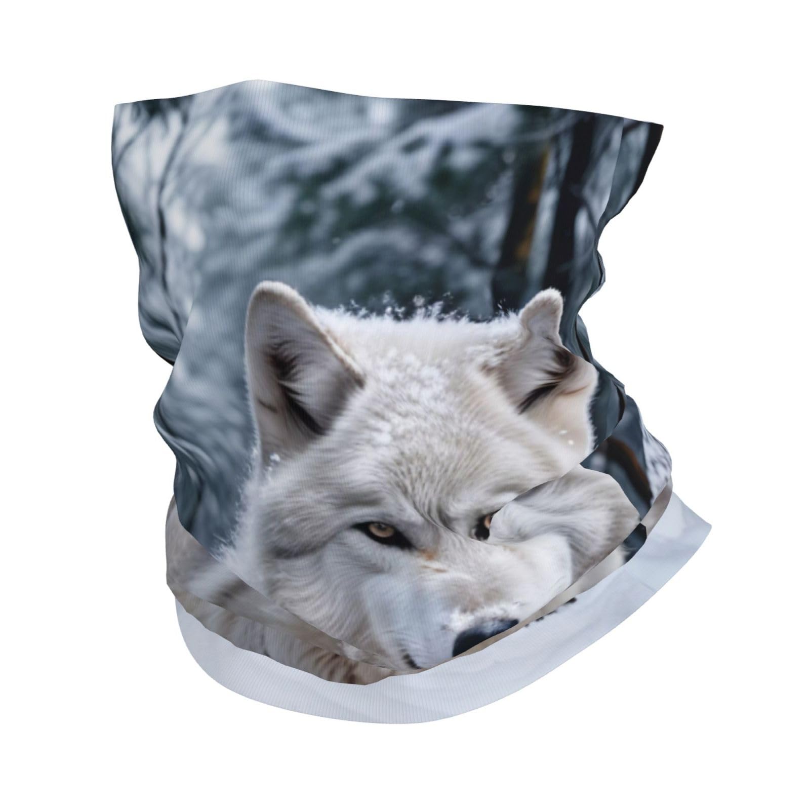 KLAMN Snow Wolf Print Warmer Face Mask Seamless Neck Gaiter Tube Bandanas Multi Headwear Magic Headband Sweatband, White, One size