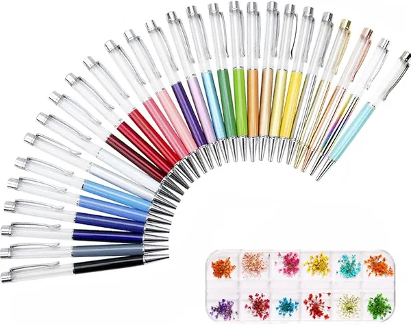 COOMATEC 27 Pack Colorful Empty Tube Floating DIY Pens, with 12 Kinds of Dried Flowers for Storage, Building Your Favorite Liquid Sand Pens Gift