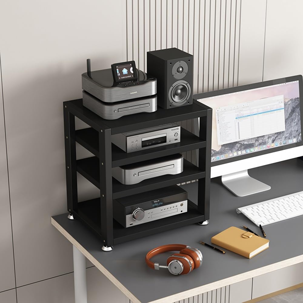 4-poziomowy stojak na media AV, stojak na sprzęt audio, kompaktowa szafka stereo, przechowywanie multimediów na wzmacniacz słuchawkowy i odtwarzacz CD, czarny stojak (40 cm)