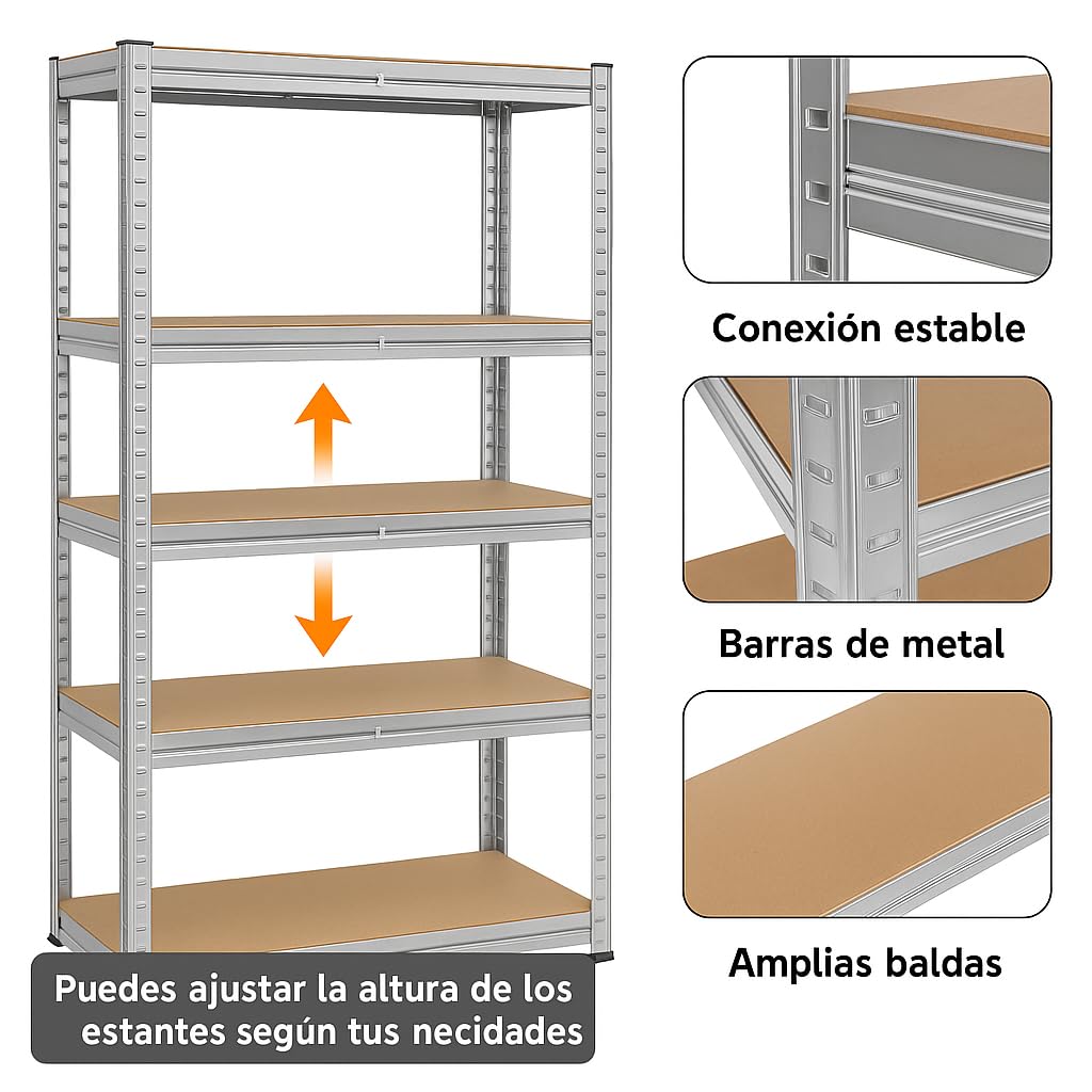 T-LoVendo Estantería Metálica Almacenaje de Acero Galvanizado + 5 Baldas MDF, 180 x 90 x 40cm, Modular, Baldas Ajustables, trastero, Garaje — view 4