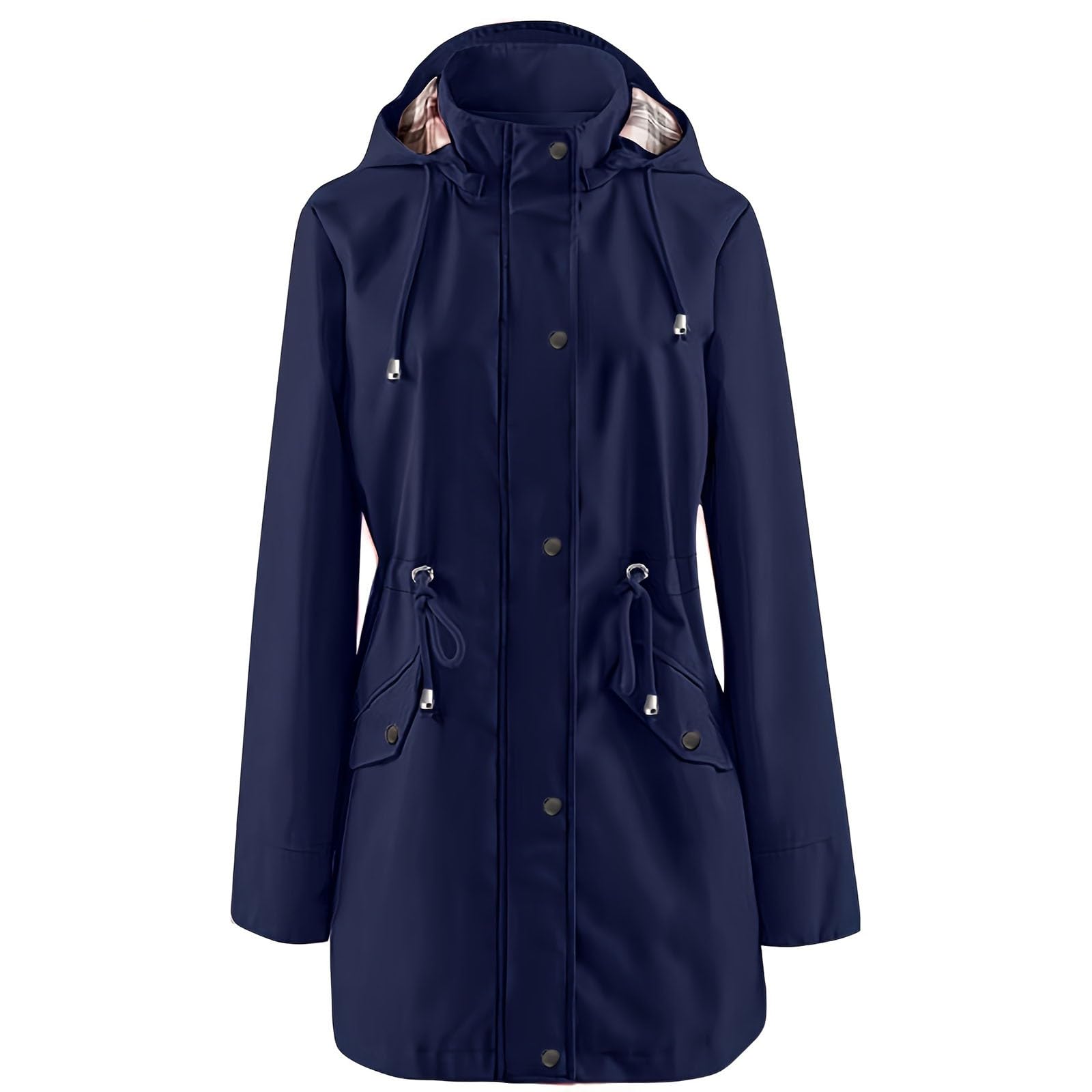 Generisch Trench da donna lungo con cappuccio, giacca antipioggia da donna, taglie grandi, impermeabile, antivento, giacca per le mezze stagioni, traspirante, con chiusura lampo, cintura, giacca a