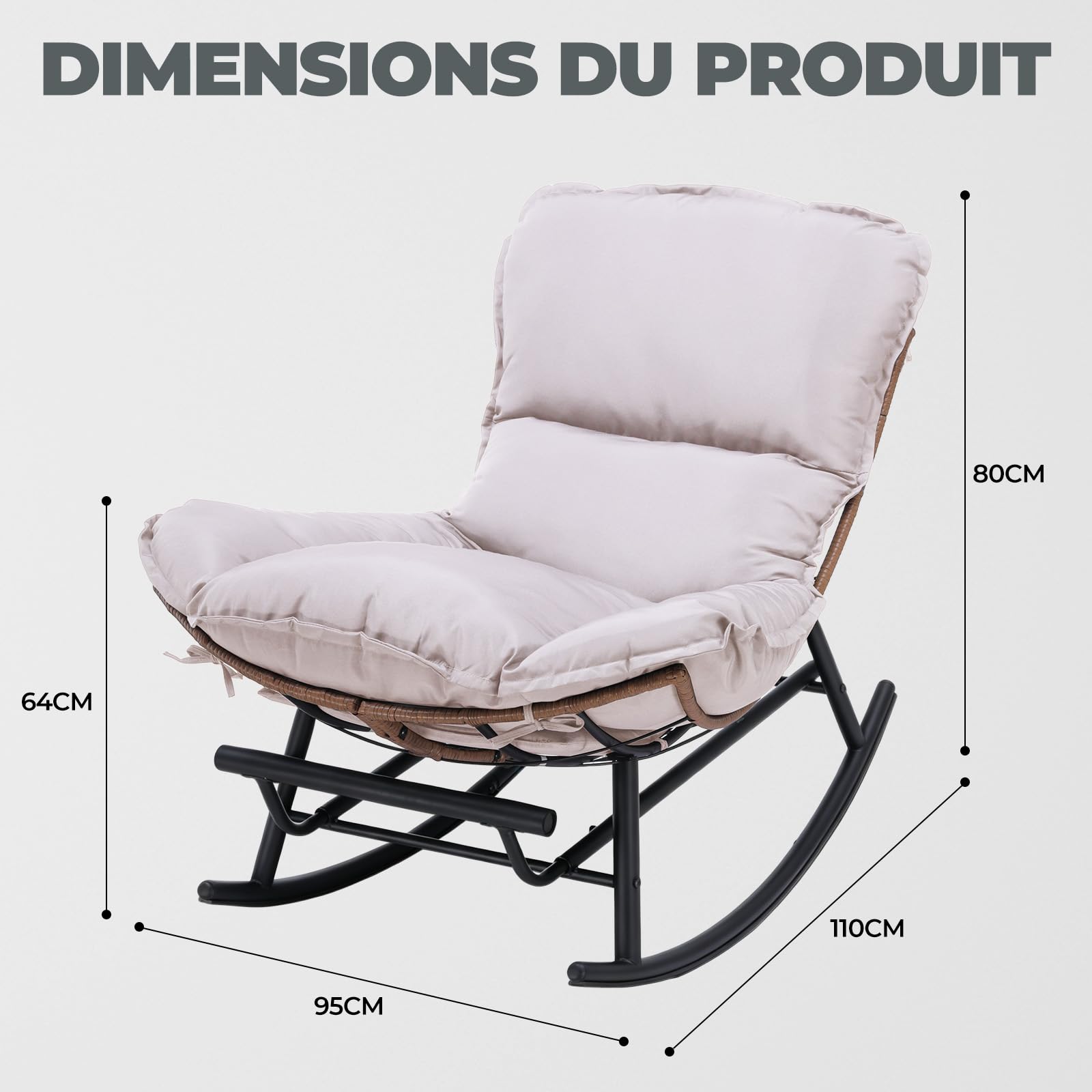 COMHOMA Fauteuil à Bascule, Fauteuil de Relaxation, Structure en Acier, Repose-Pieds Extensible, Coussin Amovible, Charge maximale : 136 kg, pour Chambre à Coucher, Salon, terrasse, Jardin, Beige