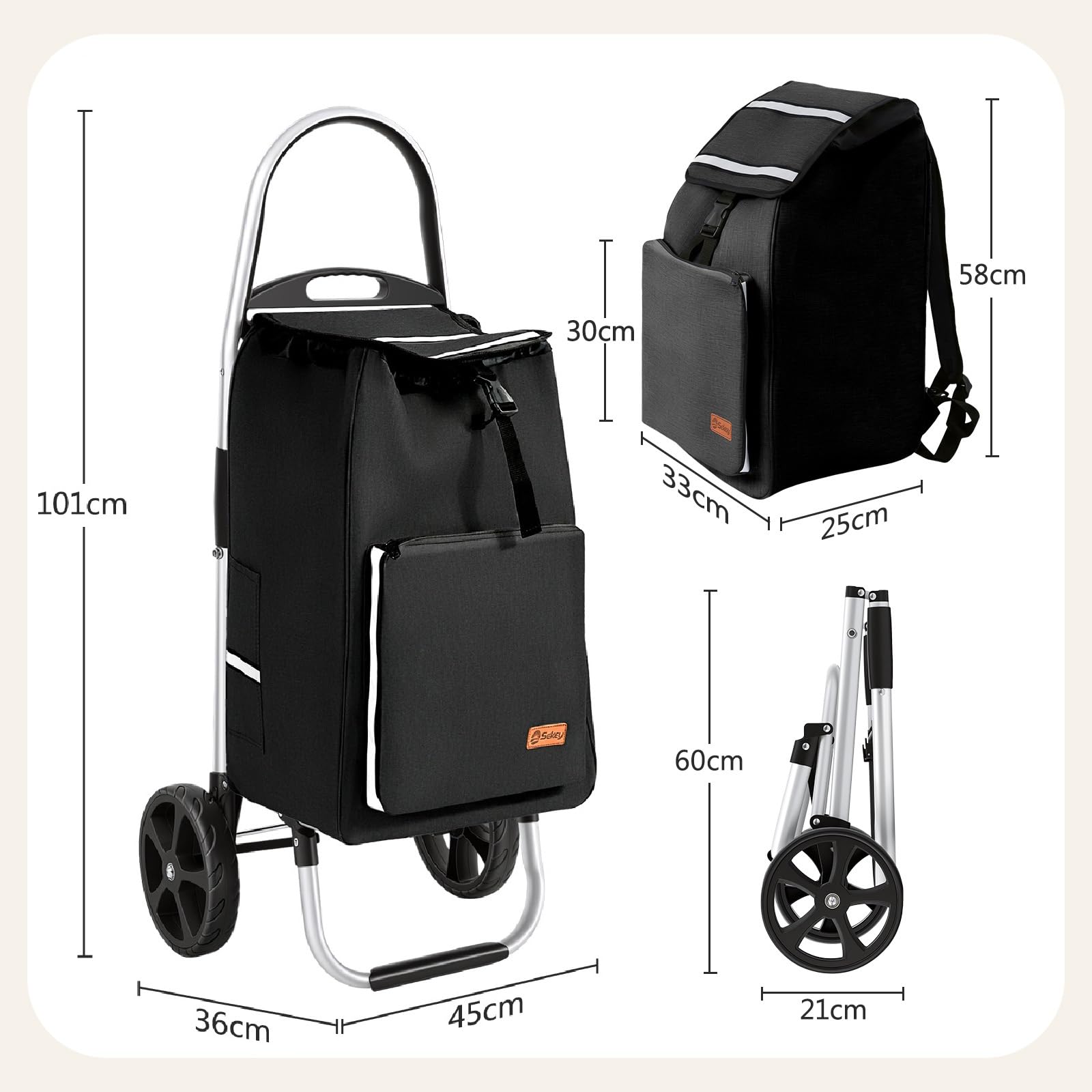 Sekey Einkaufstrolley klappbar, 3-in-1 Einkaufswagen (Trolley, Sackkarre & Rucksack), mit leichtem Aluminiumrahmen, vielseitig für Einkauf, Alltag & Reisen, stabil & platzsparend