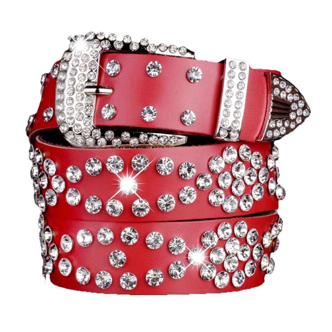 Women’S Rhinestone Genuine Leather Belt Punk Style Belt For Jeans With Trim Detail