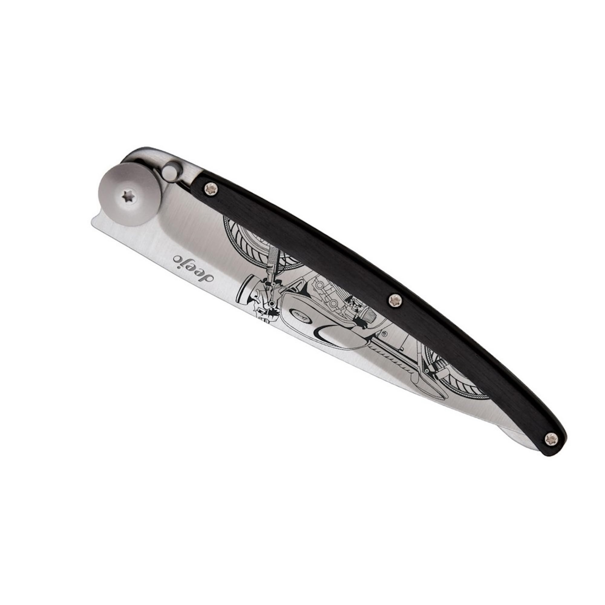 Deejo - Couteau de Poche Pliant 37g - Manche en Ébène, Lame en Acier Inoxydable 8,4 cm - Motif Café Racer - Couteau de Table, Randonnée, Camping, Bivouac
