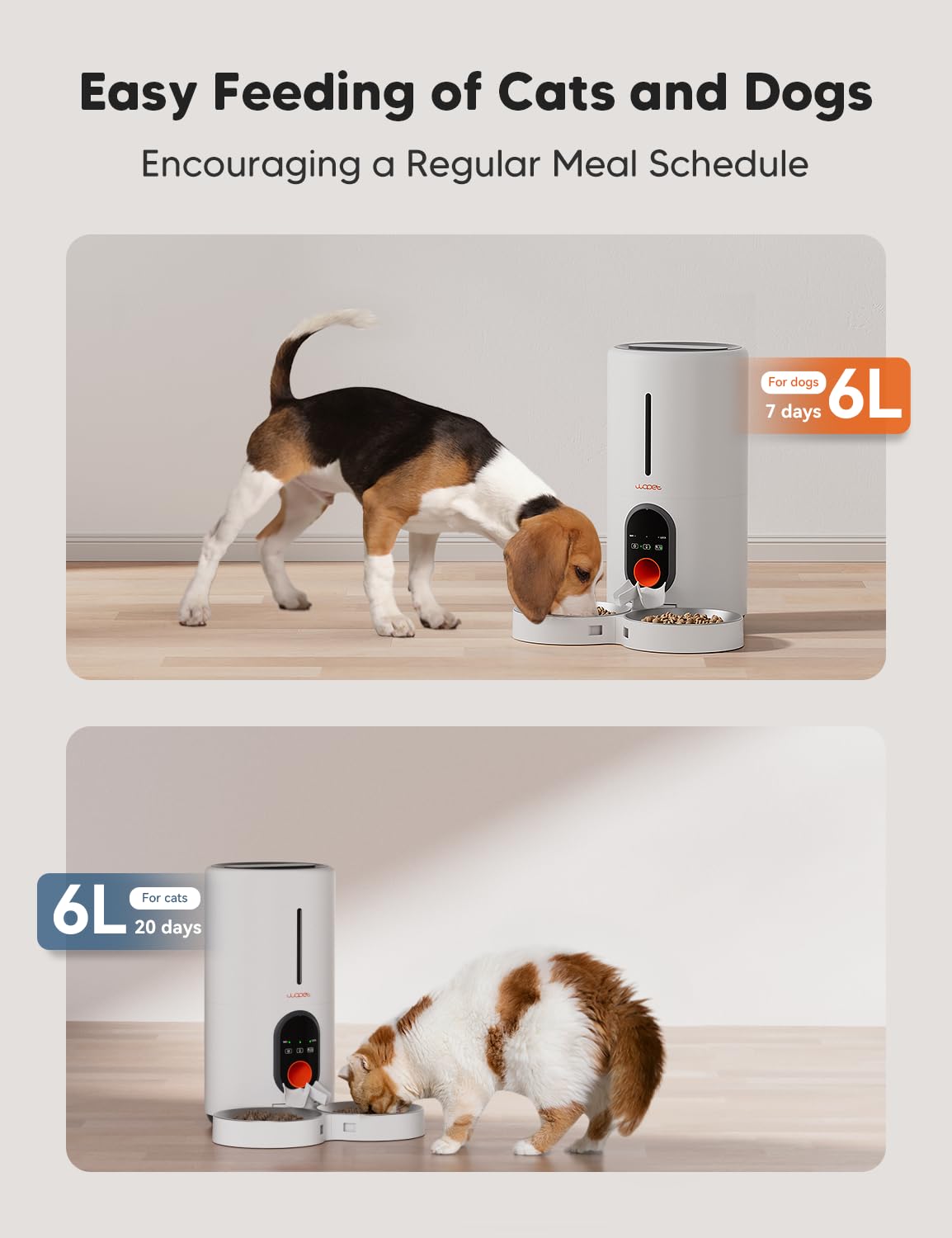 WOPET Comedero automático para gatos y perros, alimentador de mascotas WiFi 5G con control remoto, dispensador de comida para gatos de 6 litros con sensor de alimentos bajos, 1-10 comidas al día