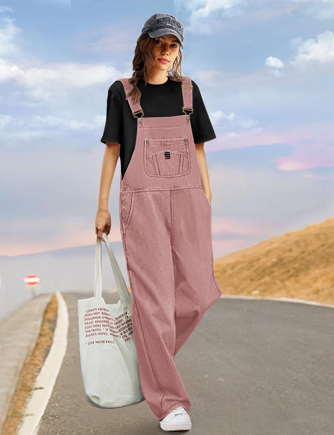 YESNO Women Corduroy Overalls Casual Adjustable Straps Bib Jumpsuits Fall Outfits with Side Buttons Closure and Pockets PCD