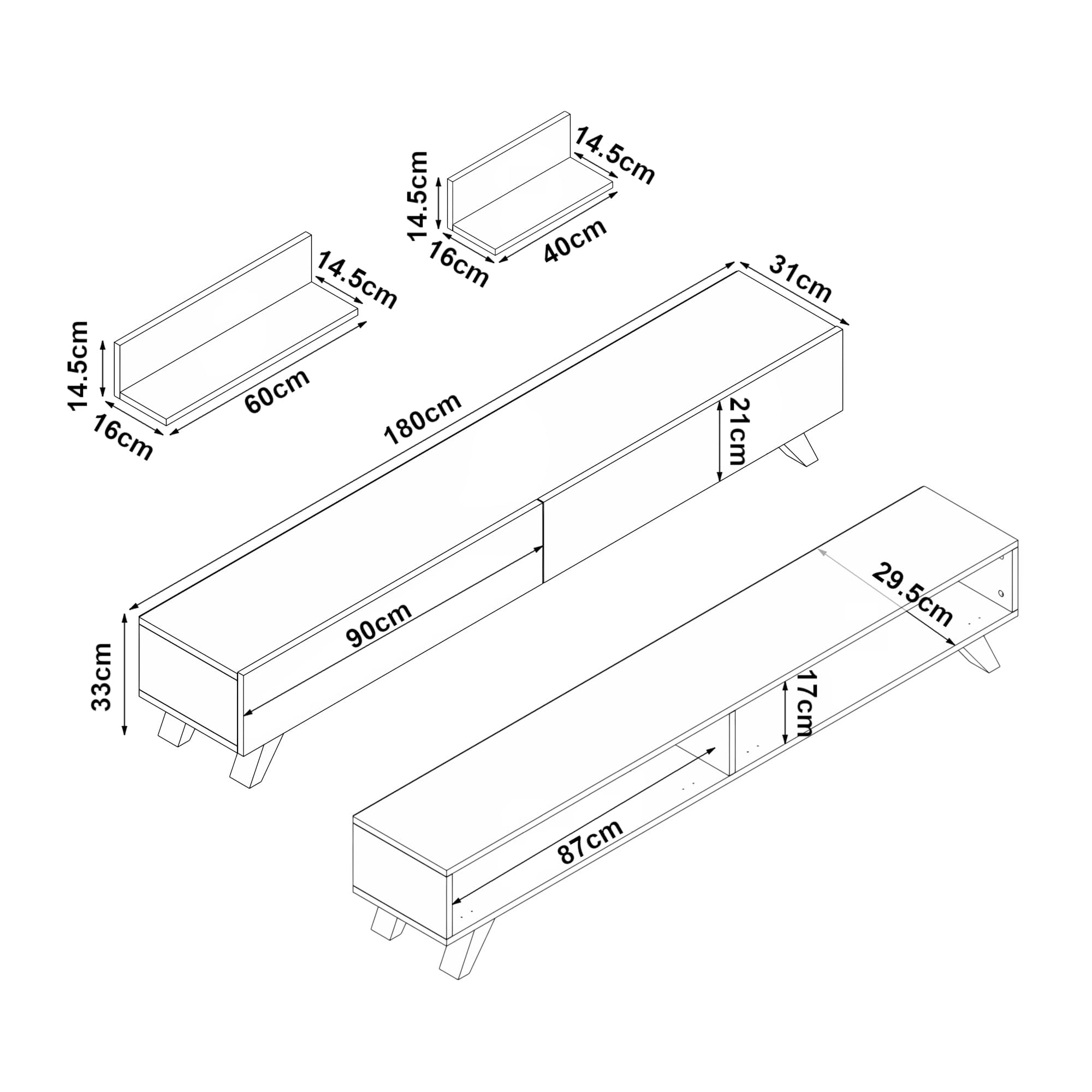 [en.casa] Juego de Mueble Salon Decorativo Mesa TV con 2 Estantes de Pared Modulos Salón Aglomerado 180 x 31 x 33 cm - Roble