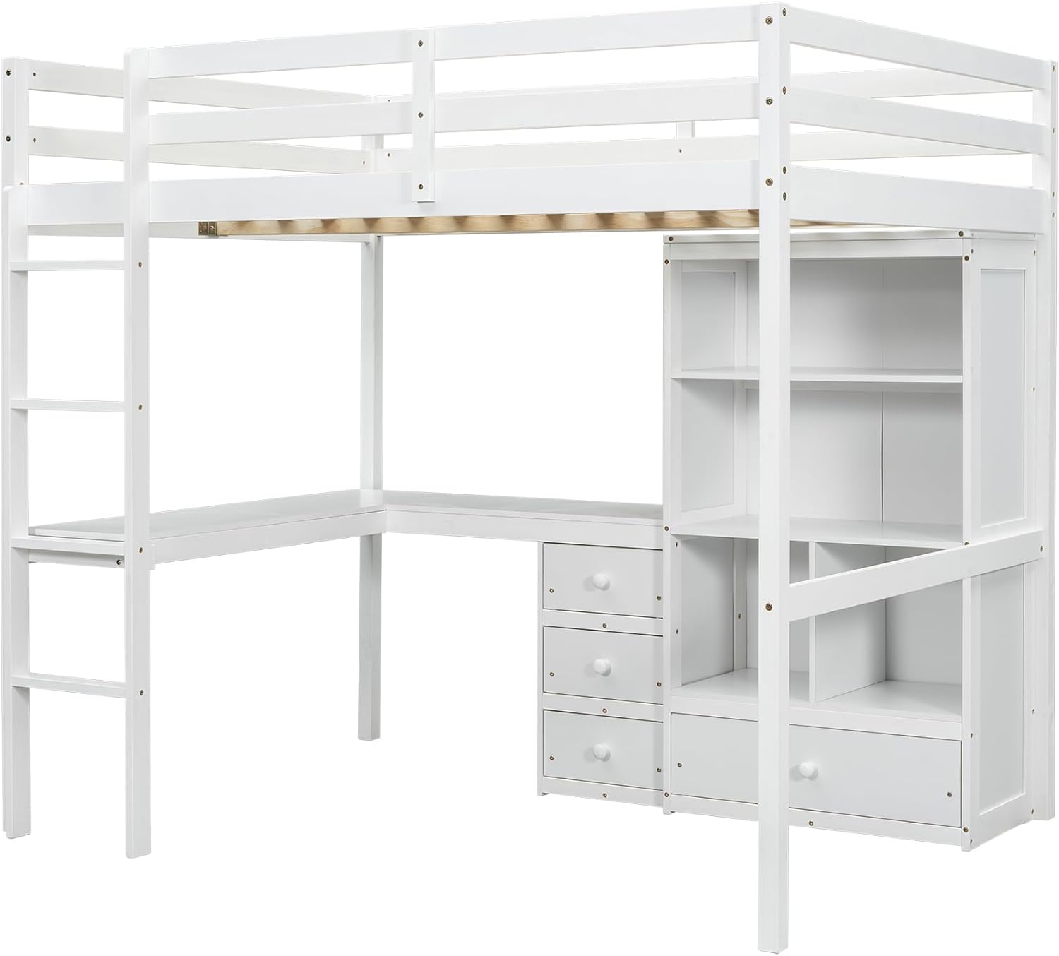 Full Size Loft Bed with Desk & Storage Shelves & Storage Drawers for Kids,Teens,Adults,High Loft Bed with Built-in Ladder & Guardrails,Space Saving,White