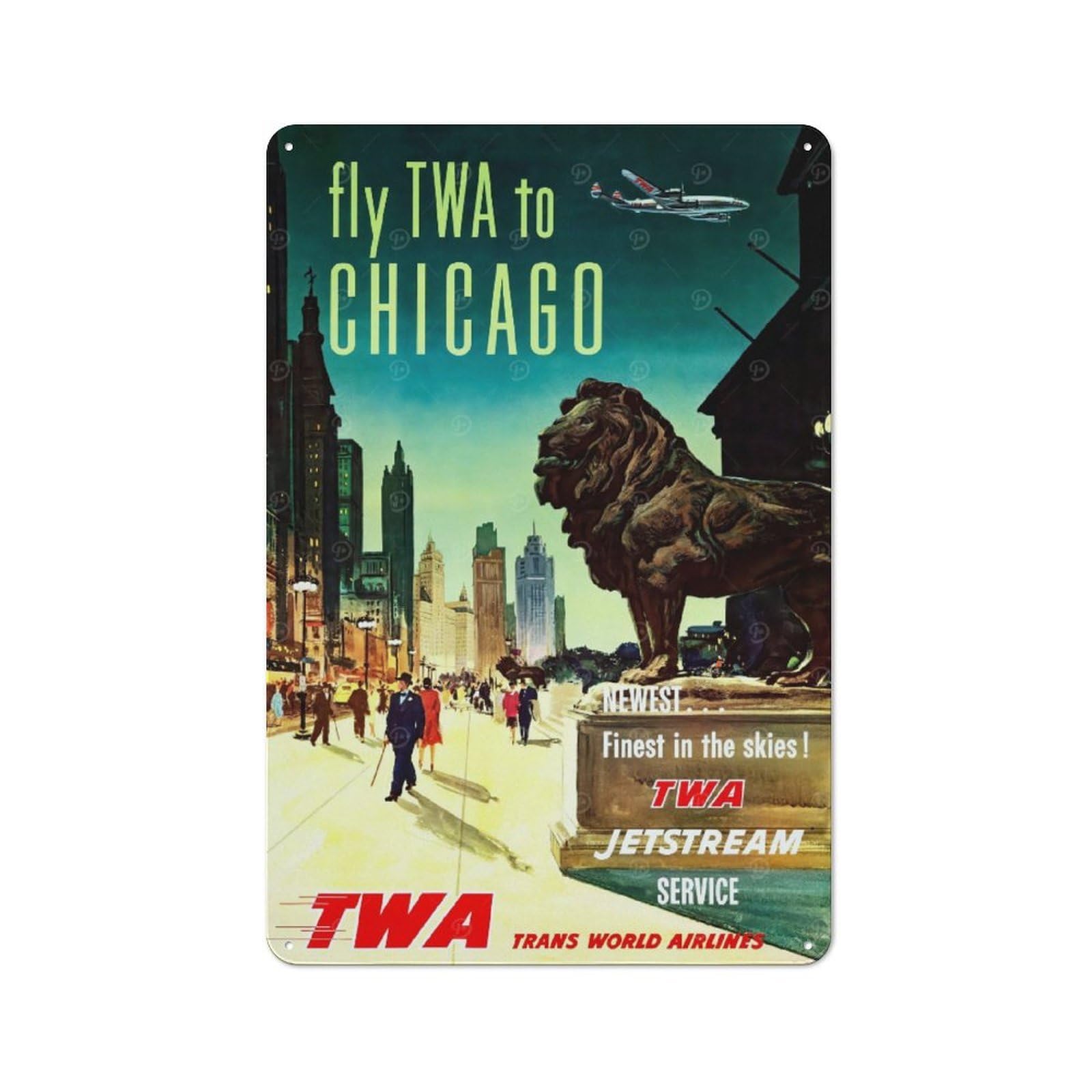 Junmoney Style-21 Tin Wall Plaque 30X20cm With Twa Chicago Travel For Guest Room Or Hallway, A Decorative Christmas Gift For Home Decor Collectors