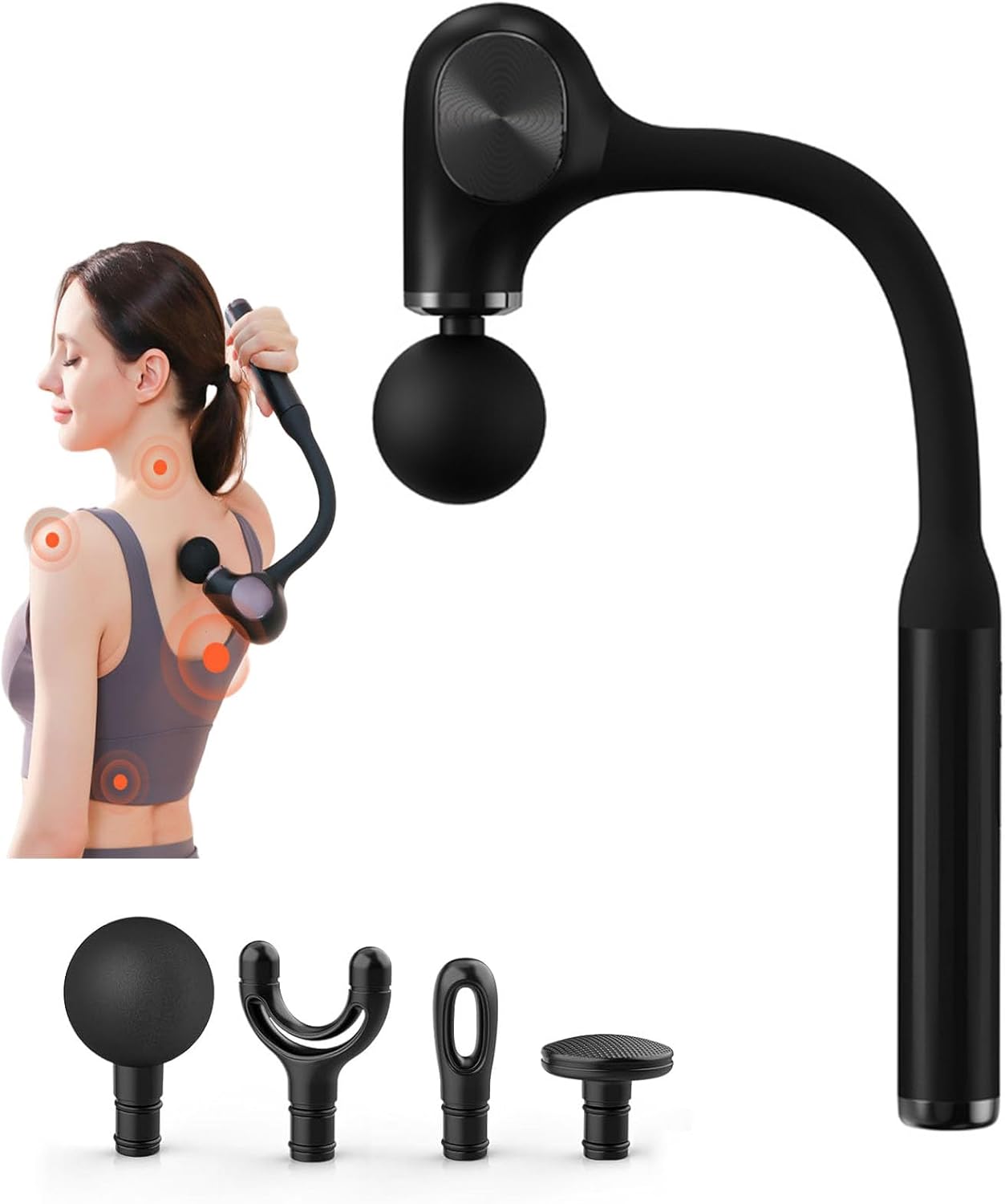 Deep Tissue Percussion Massage Gun with 12mm Penetration and 5-Speed Levels – 4 Heads and Extension Handle for Back Muscle & Neck/Shoulder Pain Relief – Lightweight Portable for Home Gym