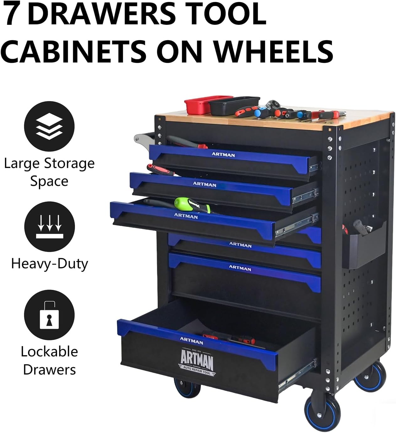 30 inch 7 Drawers Tool Cart on Wheels with Wood Worktop, Heavy Duty Rolling Drawer Tool Chest with Locking System & Locking Wheels for Garage,Warehouse,Requires Assembly (Black&Blue)