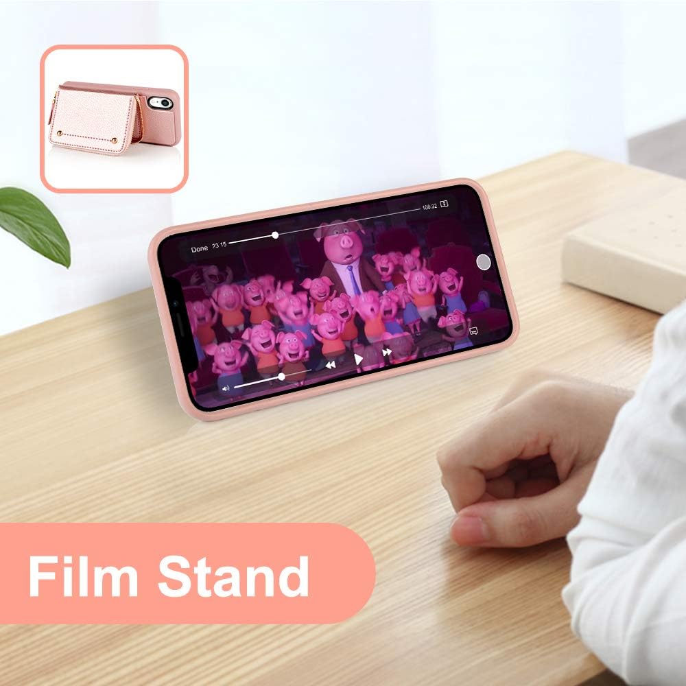 LAMEEKU iPhone XR Wallet Case, iPhone XR Case with Card Holder, Zipper Leather Kickstand Case with Card Slot Wrist Strap, Shockproof Protective Cover for iPhone XR 6.1'' - Rose Gold