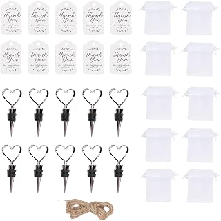 TOPINCN 10 Piece Heart Shaped Wine Stopper, Wedding Beverage Bottle Closure Bundle, Anniversary Beer Cork Kit with 10 Thank You Cards & 10 Bags & 1 Hemp Rope for Party Favors