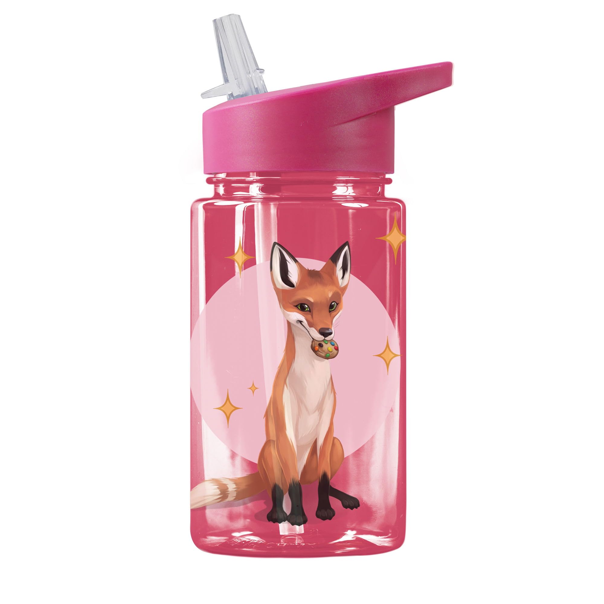AWAVE Die Schule der Magischen Tiere Kinder Trinkflasche mit Strohhalm 400 ml Transparent rPET Wasserflasche Auslaufsicher BPA-frei Nachhaltig Schule Kindergarten Sport, Beerenrot Fuchs Rabbat