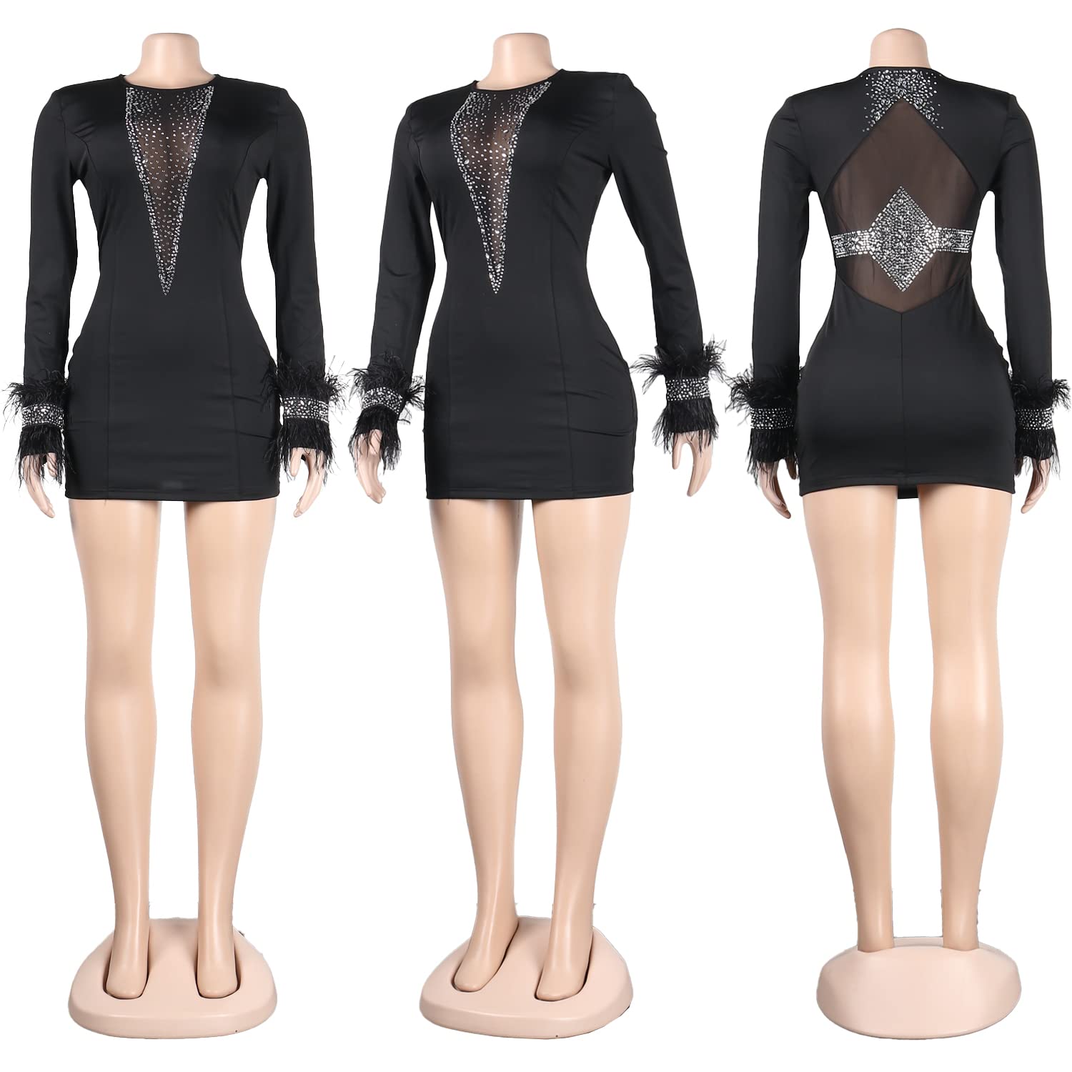 Jigfar - Vestido sexy de malla con diamantes de imitación para mujer, transparente, ajustado, para fiesta de cumpleaños, discoteca, noche, B Negro, XL