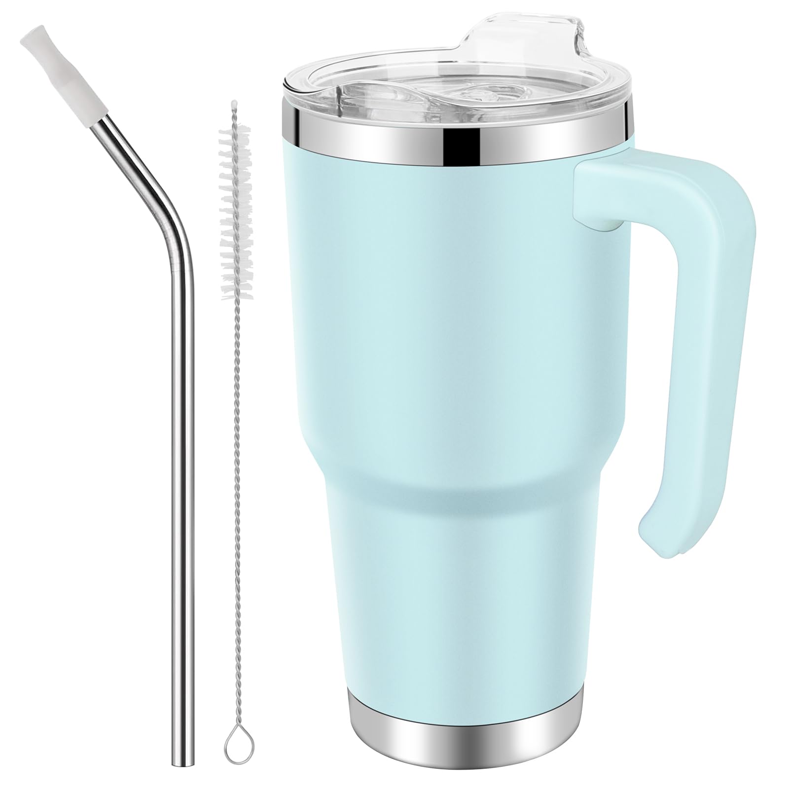 EQARD Tumbler with Straw Lid and Handle 30oz Travel Mug with Leakproof Lid Stainless Steel Vacuum Insulated Cup with Tube Brushes Coffee Mug for Hot Iced Drink BPA Free (Blue, 30OZ Screw on Lid)