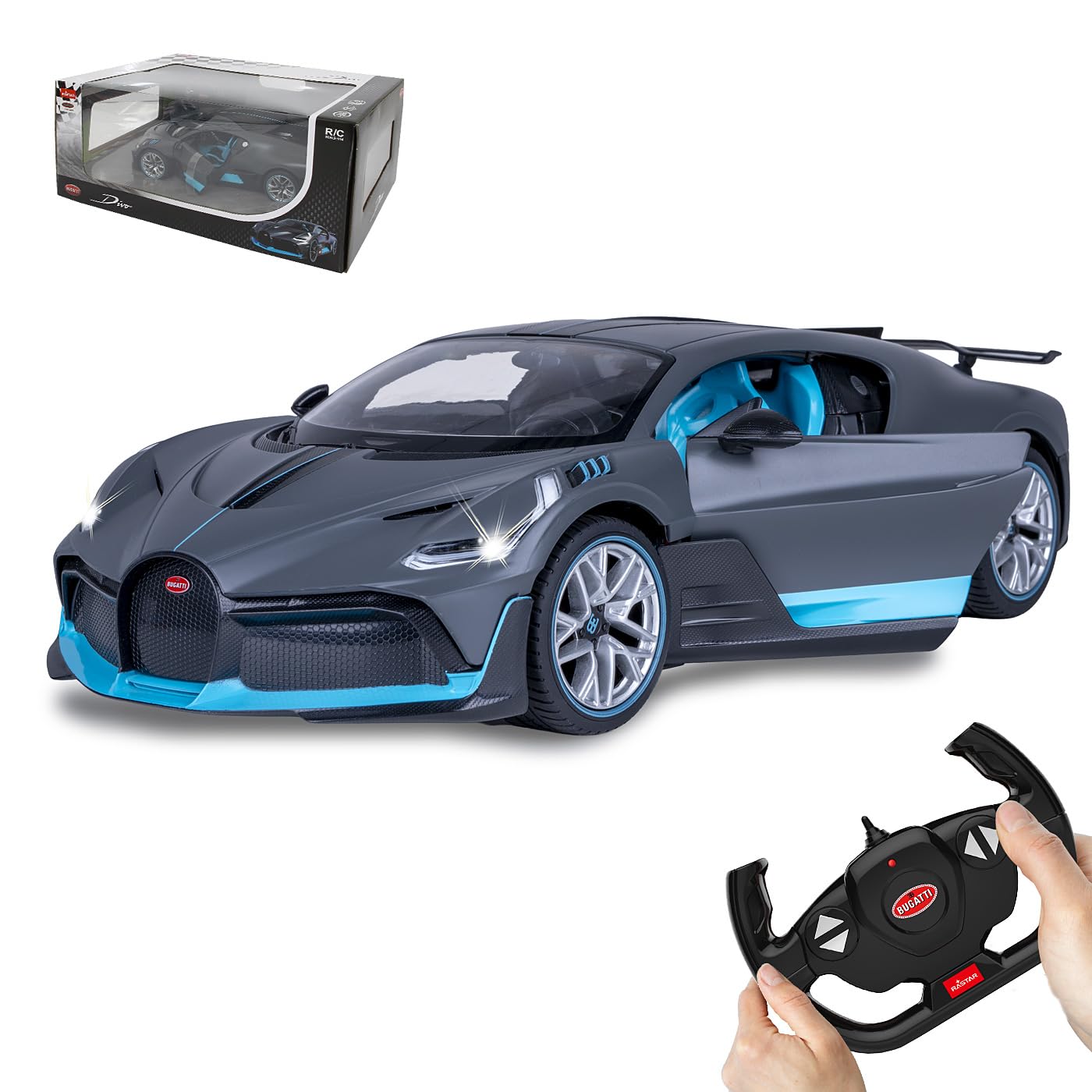 JAMARA 403131 - Bugatti Divo 1:14 2,4 GHz Drzwi ręczne, 11 km/h, wierne lakierowanie, szczegółowe wnętrze, światła do jazdy LED, drzwi można ręcznie otworzyć