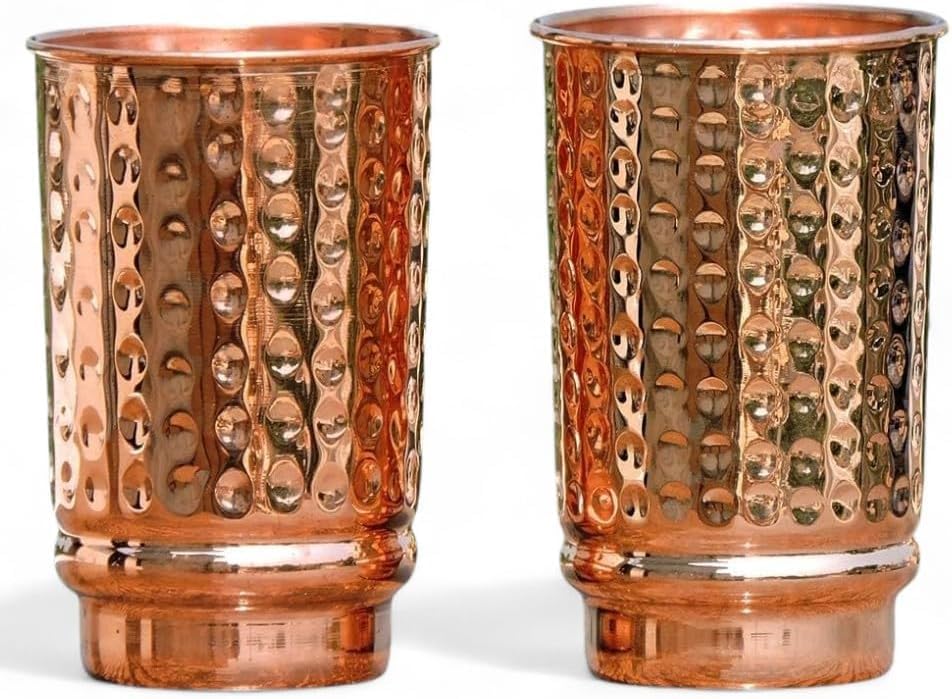 HEALTHANDVEDA™ Pure Copper Cup & Tumbler Set of 2 | Hammered Copper Glasses for Drinking Water Daily Use & Gift Sets | Ayurveda Health Benefits - 350 Ml Capacity (Hammered Cup)