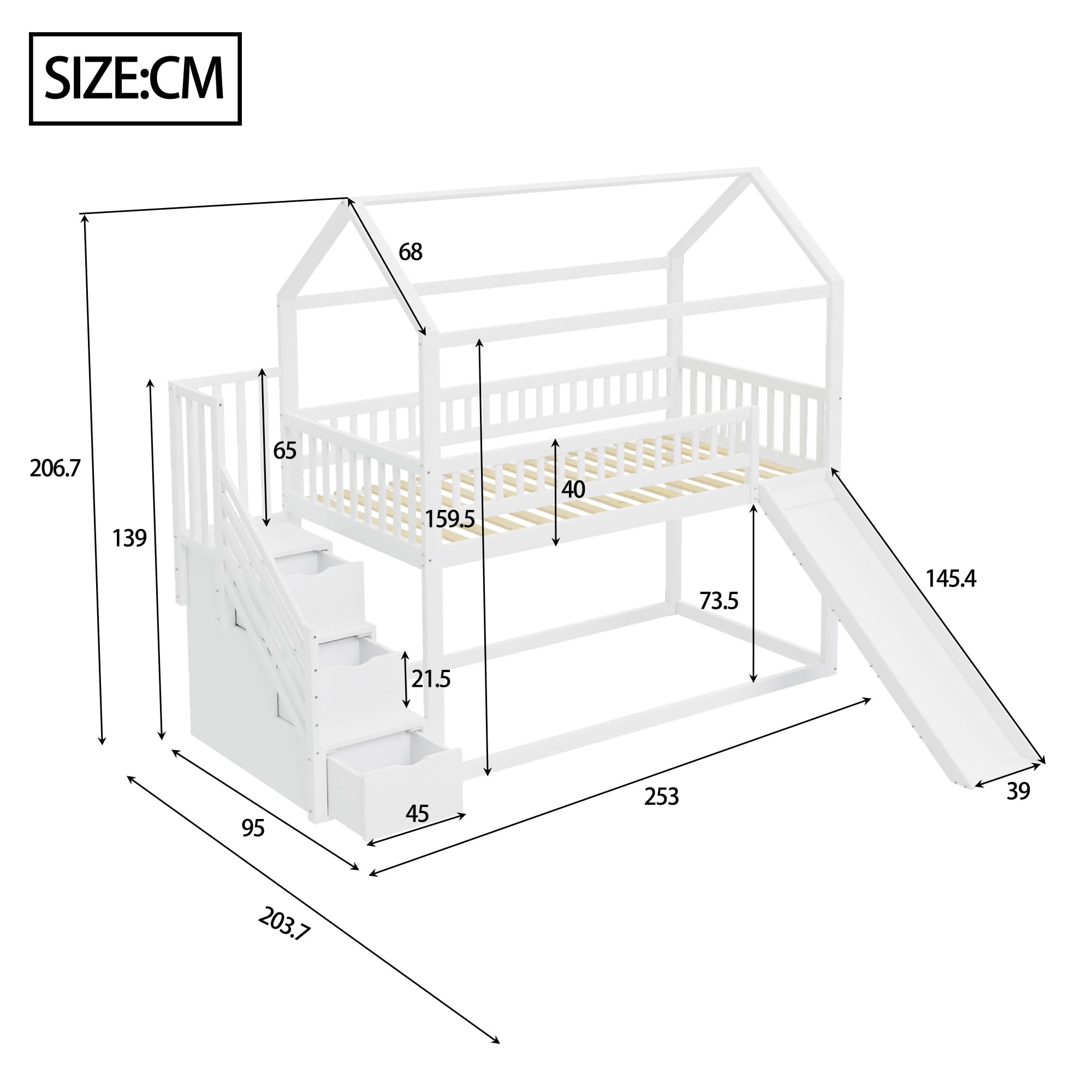 Hochbett Kinderetagenbett 90x200 cm, Multifunktionales Kinderbett, mit Rutsche und 3 Stauraumleiter, hohe Zaunkonstruktion, Massivholzbettrahmen, Lattenrost,Weiße