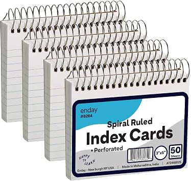 Emraw Spiral Index Cards 3x5 Ruled 4 Pack - Spiral Bound Index Cards, 50 Page Index Card Book, Bound Flash Cards for Studying, Lined Note Cards for Office, School Supply, College