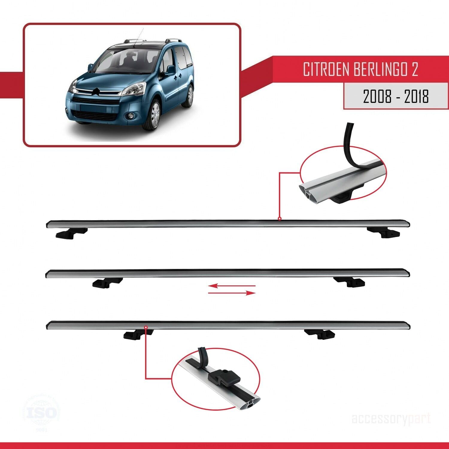 Kompatybilny z Compatible with Citroen Berlingo 2 (B9) 2008-2018 BASIC Model Aluminiowy bagażnik dachowy 3 poprzeczki, szary